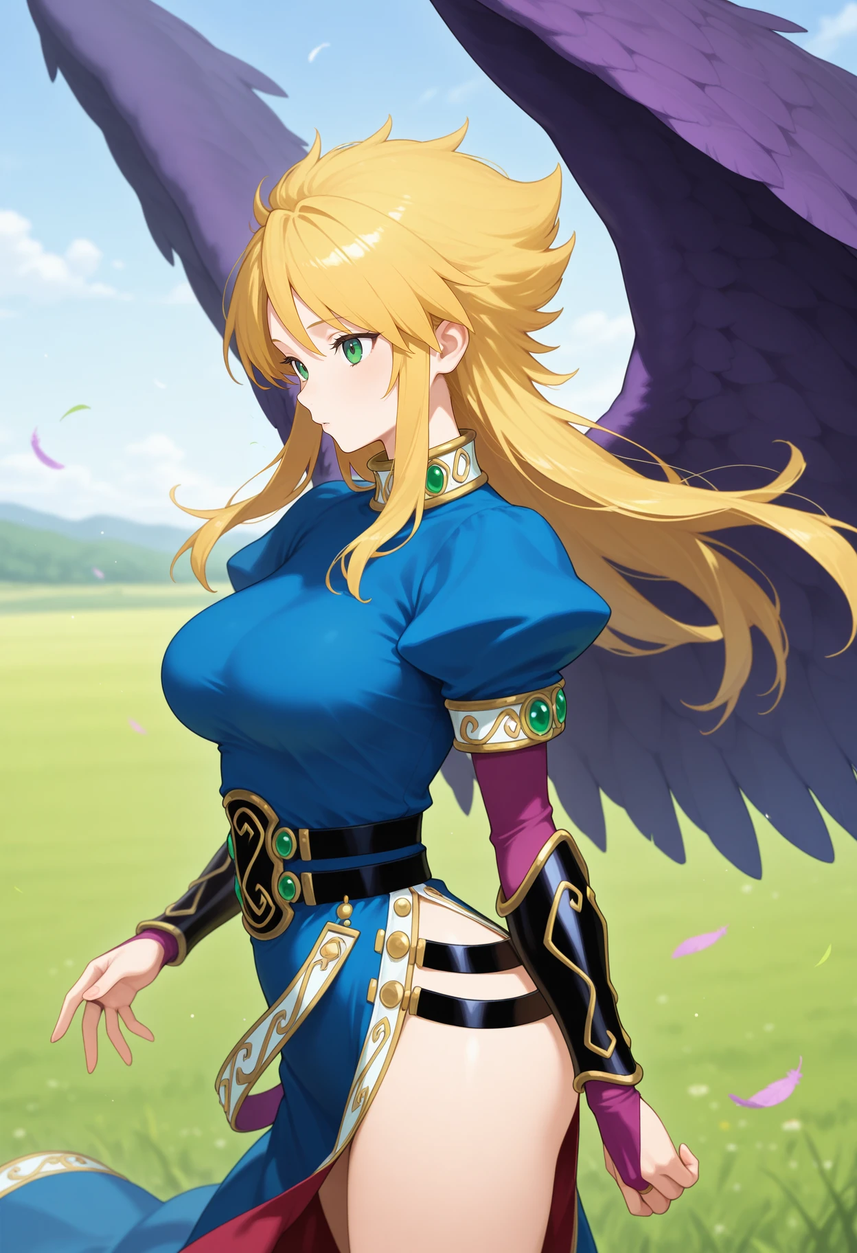 best quality, masterpiece, 1girl, aanina, long hair, blonde hair, green eyes, feathered wings, blue dress, puffy sleeves, arm guards, bridal gauntlets, black belt, side slit, <lora:nina_(bof2)_ilxl_v1:0.9>, standing, cowboy shot, field, wind, from side,