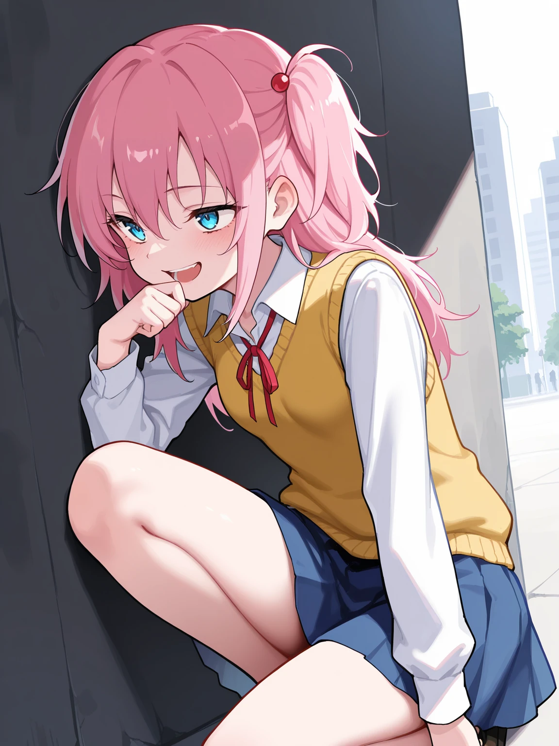 masterpiece, best quality, 1girl, solo, <lora:MrKeb_EndouAina_IL:0.9>, lvendouaina, long hair, pink hair, one side up, blue eyes, hair ornament, small breasts, laughing, school uniform, white shirt, long sleeves, sweater vest, yellow vest, red neck ribbon, blue skirt, bare legs, hiding, against wall, on one knee, outdoors, city