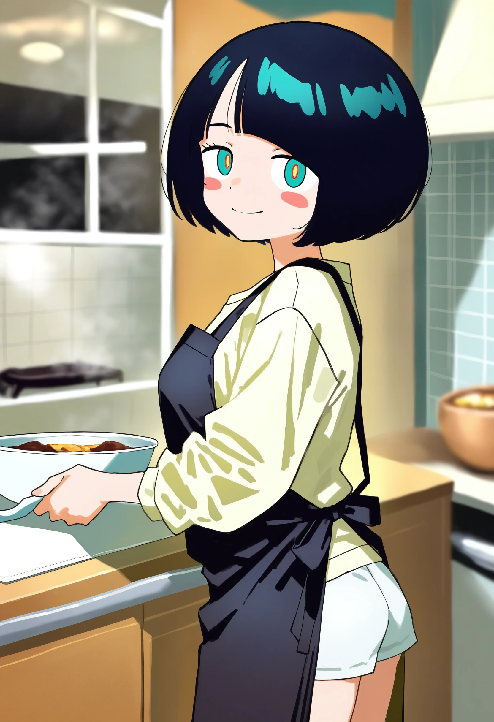 flat color, no lineart, shiiko sugai, gundam gquuuuuux,
artist:[ponsuke kaikai|hara id 21|yoneyama mai|quasarcake],
1girl, solo, black hair, short hair, closed mouth, smile, white pupils, looking at viewer, cowboy shot, blue eyes, red pupils, blush stickers, blunt bangs, indoors, kitchen, apron, from side, 
absurdres, masterpiece, best quality, very aesthetic