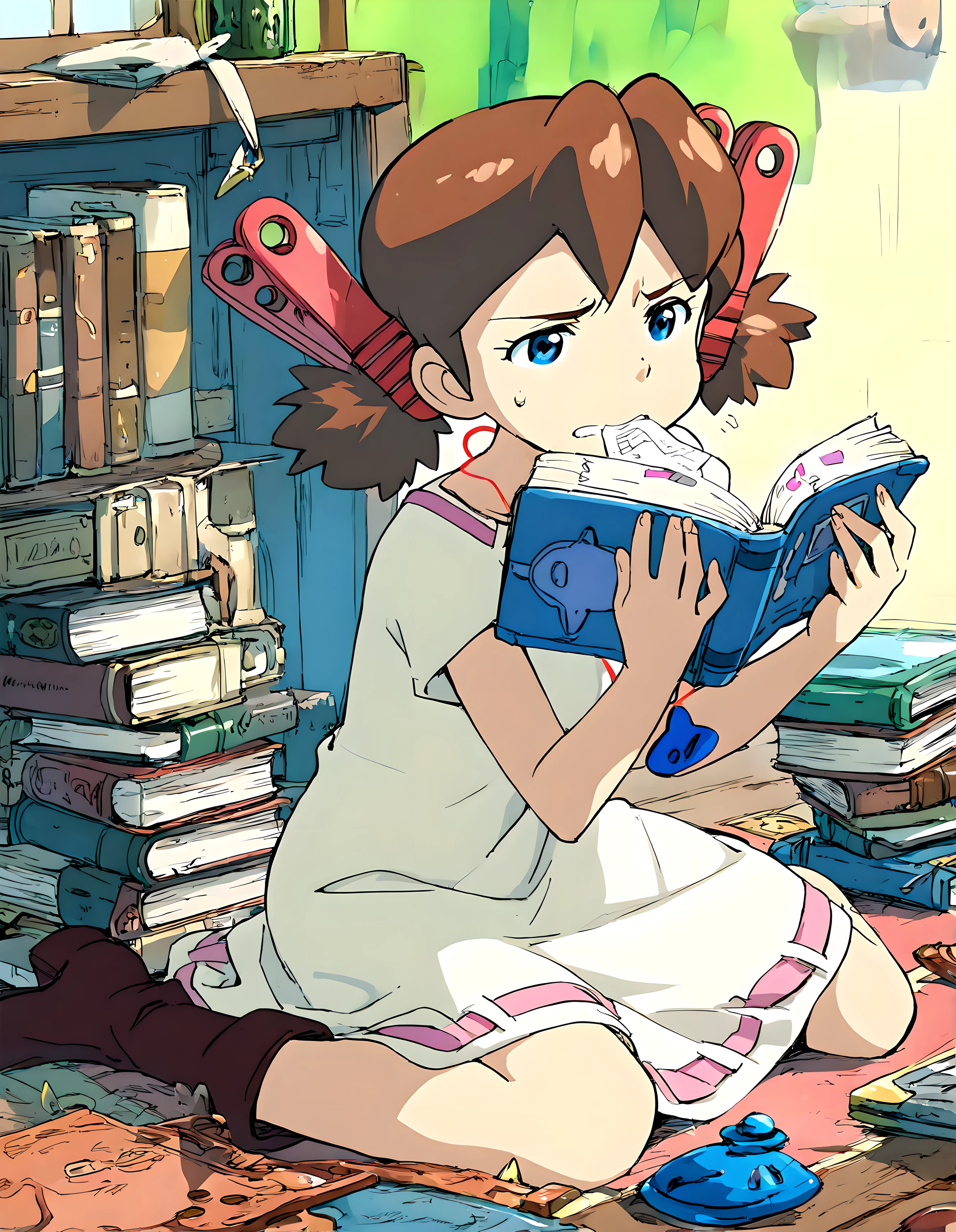 <lora:illustrious_XL_josette:0.9>,josette,masterpiece,best quality,good quality,1girl,solo,dress,necklace,boots,book,Slightly_open_mouth,hold a book in your mouth,wariza,frustrated_brow,