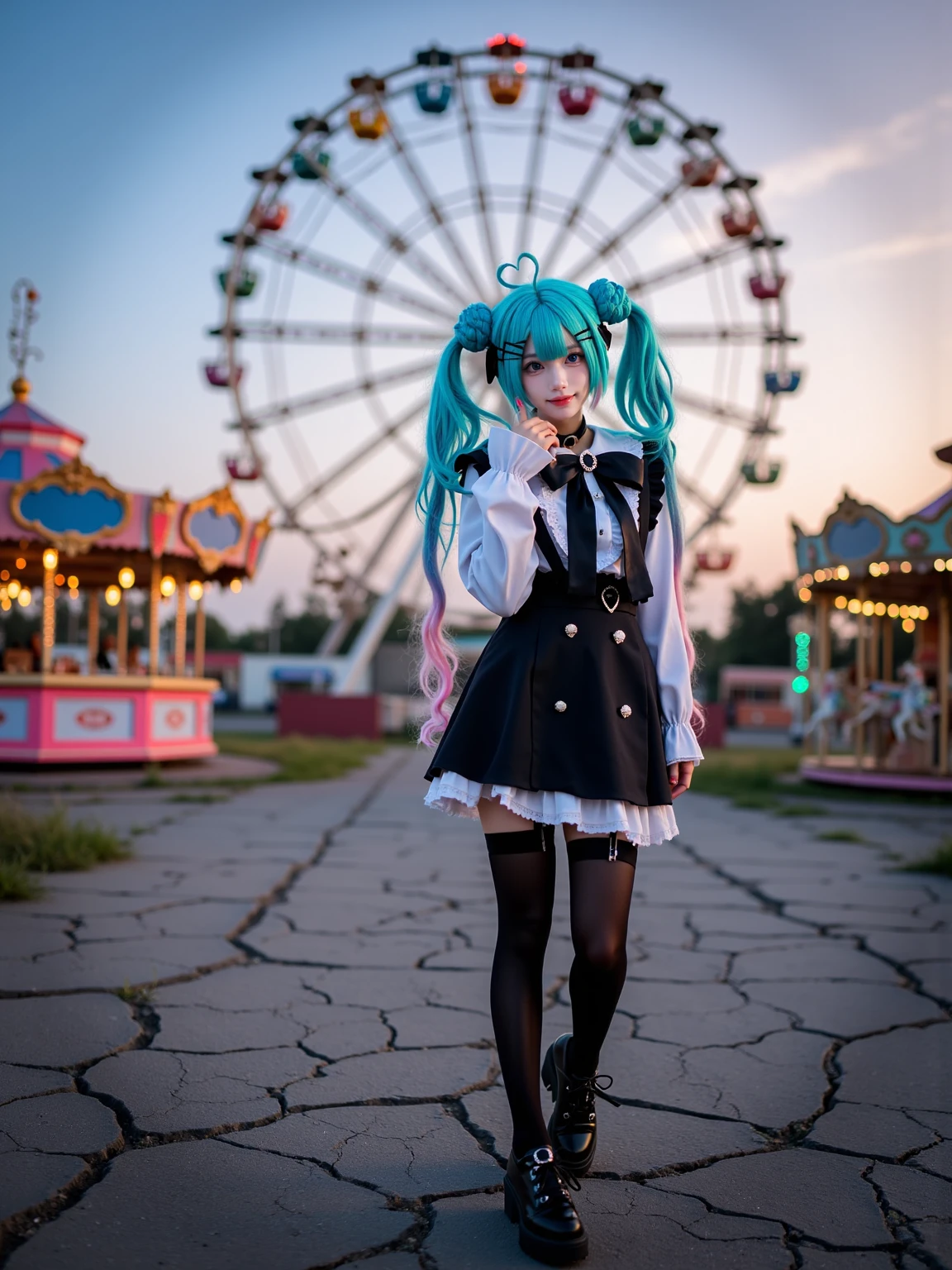 A realistic photo of a slender and beautiful young woman in cyb-miku cosplay costume. She is also wearing choker and black thighhighs and thigh strap and black shoes. She has aqua hair with hairclip and twintails and hair ornament. She is in dynamic pose and smile. The backgorund is a deserted amusement park at twilight, with a giant ferris wheel looming in the background, its colorful lights flickering faintly. The ground is cracked, with weeds growing through the gaps, and abandoned food stalls still display faded pastel colors. In the distance, a carousel slowly turns, its haunting melody echoing in the otherwise silent park. The sky is painted with hues of orange and pink, adding a surreal beauty to the eerie atmosphere. The photo is a full body shot with her entire body visible and with detailed background.