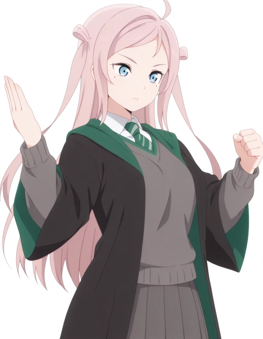 masterpiece, best quality, amazing quality,, <lora:lanzhu-zhong-s2-illustriousxl-lora-nochekaiser:1>, lanzhu zhong, long hair, bangs, blue eyes, pink hair, ahoge, sidelocks, mole, two side up, mole under eye, mature female, breasts, anime screencap, <lora:hogwarts-uniform-illustriousxl-lora-nochekaiser:1>, hogwarts uniform, slytherin, black robe, necktie, striped necktie, collared shirt, sweater, pleated skirt, grey sweater,, <lora:kung-fu-illustriousxl-lora-nochekaiser:1>, kung fu, martial arts, training, fighting stance, cowboy shot, leg up, , <lora:transparent-background-illustriousxl-lora-nochekaiser:1>, transparent background, simple background, white background