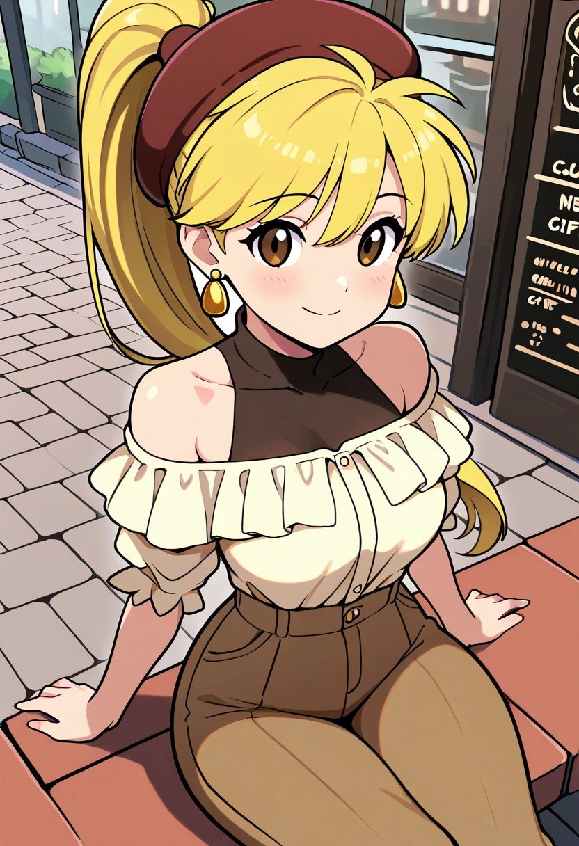 masterpiece, best quality, solo, curvy, beautiful eyes, narrow waist, wide hips, 1girl, solo, smile, looking at viewer, dynamic angle, foreshortening, close up,    zzYellow, brown eyes, blonde hair, long hair, ponytail, bangs,  , <lora:YellowPokemon_NAI:1.0>, [French Chic Café], Beret, off-shoulder blouse, high-waisted trousers, gold earrings, Sitting at an outdoor European café, enjoying espresso beneath striped awnings on a cobblestone street.