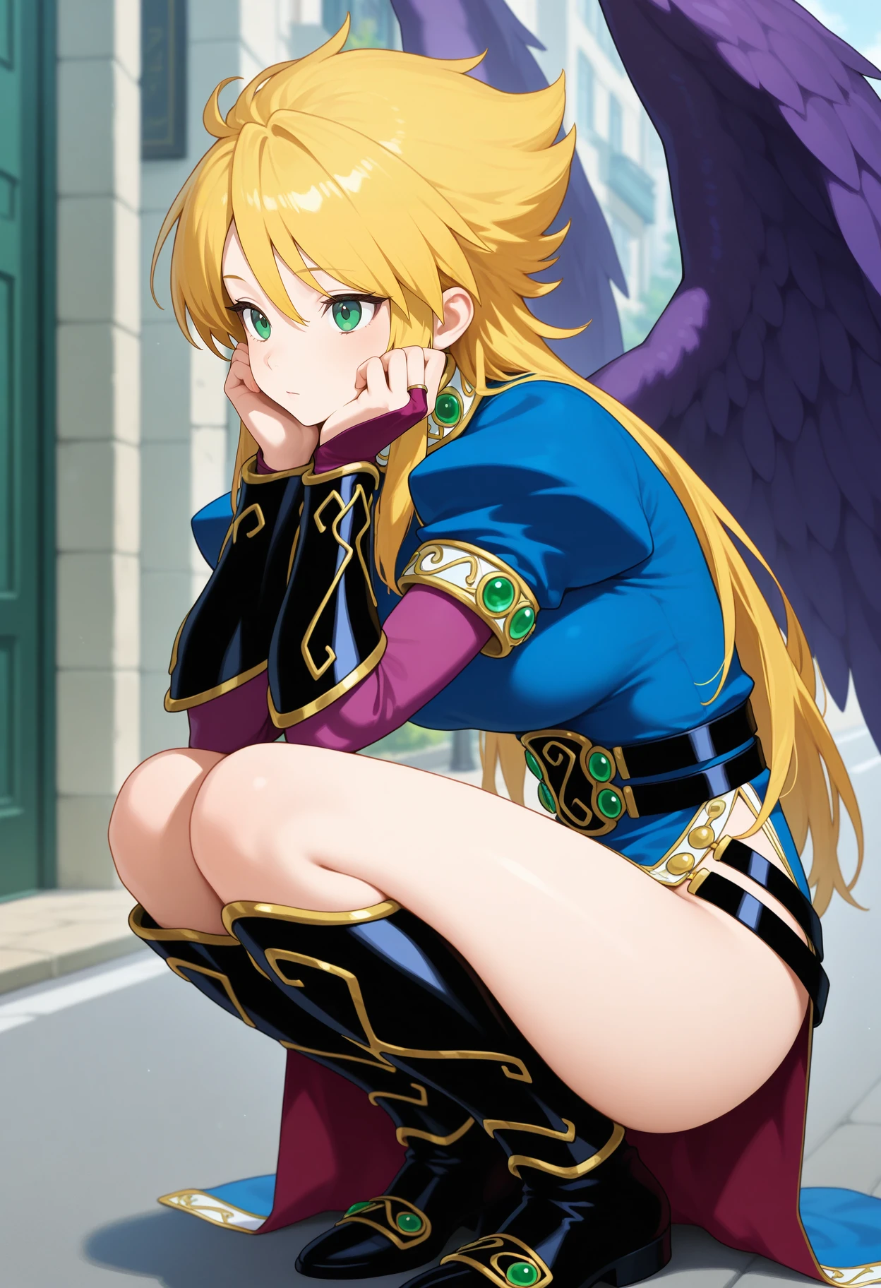 best quality, masterpiece, 1girl, aanina, long hair, blonde hair, green eyes, feathered wings, blue dress, puffy sleeves, arm guards, bridal gauntlets, black belt, side slit, <lora:nina_(bof2)_ilxl_v1:0.9>, squatting, street, from side, hands on own cheeks, expressionless, black footwear, knee boots,