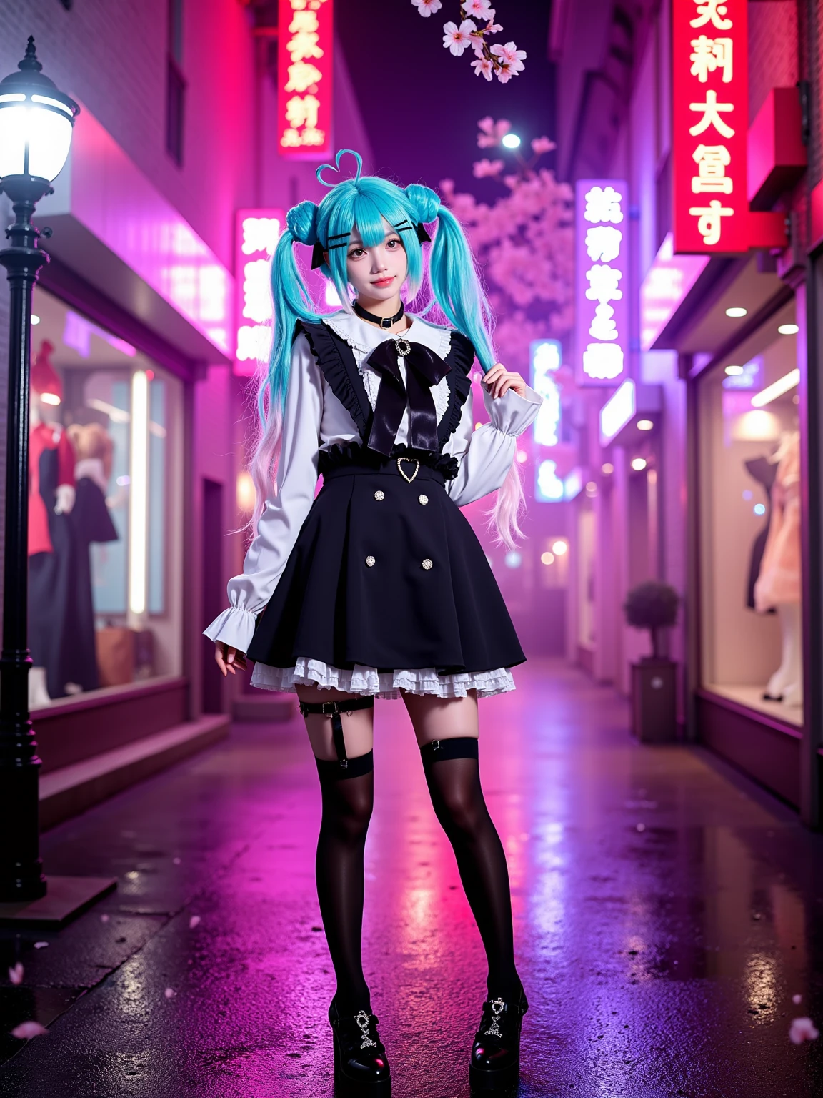 A realistic photo of a slender and beautiful young woman in cyb-miku cosplay costume. She is also wearing choker and black thighhighs and thigh strap and black shoes. She has aqua hair with hairclip and twintails and hair ornament. She is in dynamic pose and smile. The backgorund is a stylish urban alleyway illuminated by neon signs in pink and purple hues, with faint mist in the air. The ground is wet, reflecting the vibrant lights. Boutique store windows display extravagant clothing and accessories. A vintage streetlamp flickers softly, and cherry blossoms are scattered across the ground, despite being out of season. The air feels both alluring and mysterious, setting the perfect mood for a dramatic aesthetic. The photo is a full body shot with her entire body visible and with detail background.
