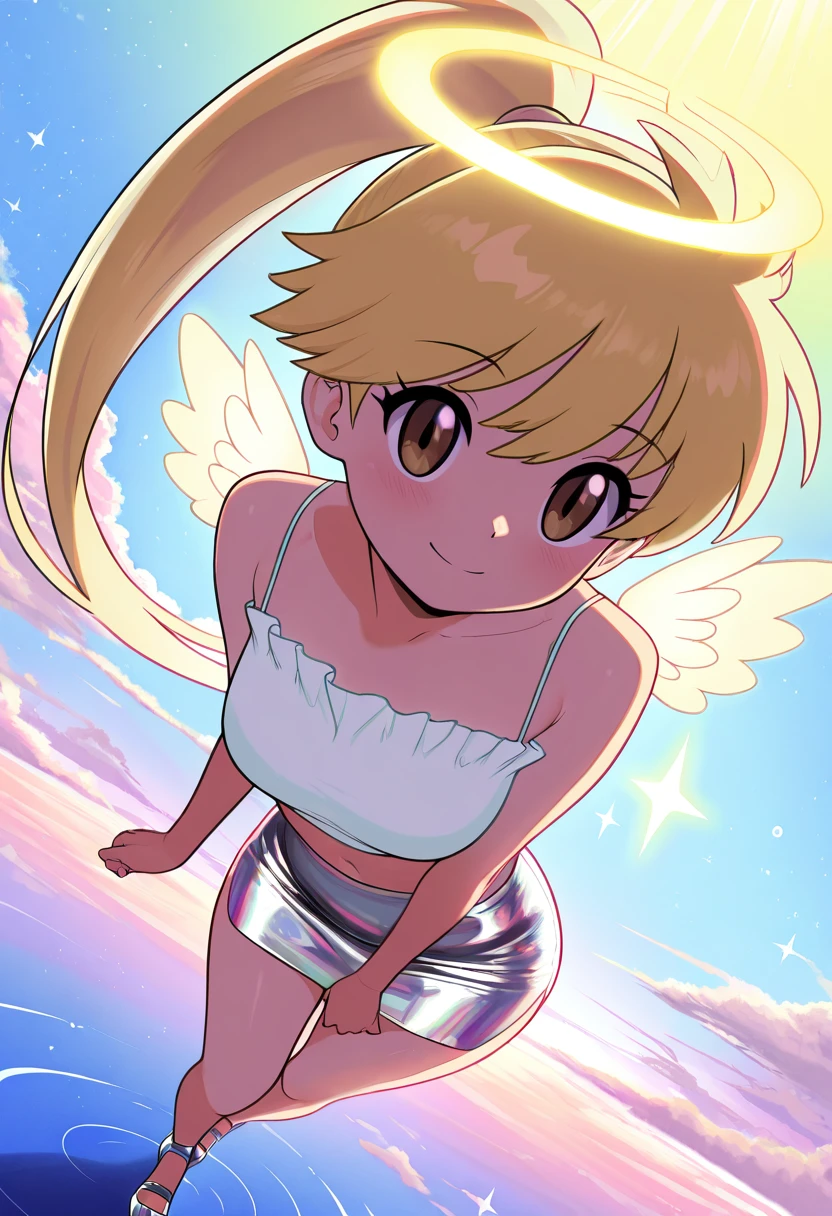 masterpiece, best quality, solo, curvy, beautiful eyes, narrow waist, wide hips, 1girl, solo, smile, looking at viewer, dynamic angle, foreshortening, close up,    zzYellow, brown eyes, blonde hair, long hair, ponytail, bangs,  , <lora:YellowPokemon_NAI:1.0>, [Cloudcore Angel], translucent white blouse with flowing ruffles, silver mini skirt with sparkle mesh, glowing halo accessory, soft wings, iridescent heels; floating among surreal clouds with a pastel rainbow sky, dreamy sunrays casting ethereal glow, serene and divine expression,