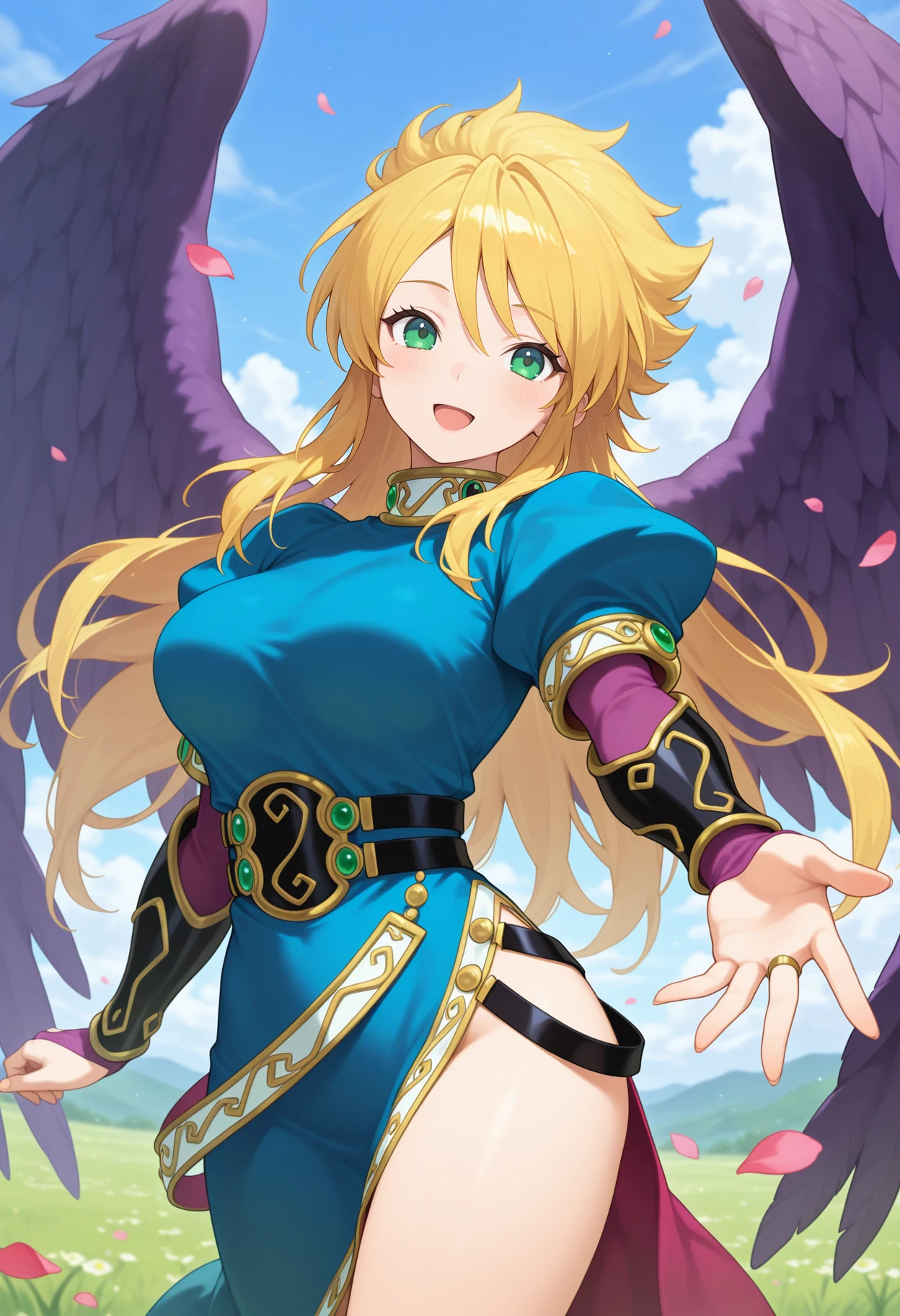 best quality, masterpiece, 1girl, aanina, long hair, blonde hair, green eyes, feathered wings, blue dress, puffy sleeves, arm guards, bridal gauntlets, black belt, side slit, <lora:nina_(bof2)_ilxl_v1:0.9>, standing, cowboy shot, outdoors, smile, open mouth, reaching, petals,