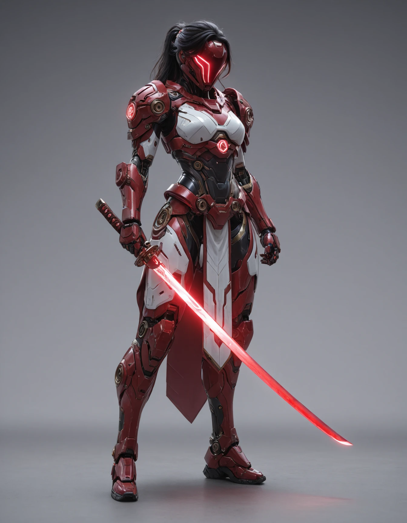 masterpiece, best quality, amazing quality, very aesthetic, high resolution, absurdres, newest, photorealism, realistic, Female character from Genshin Impact, long beautiful hair, red eyes, wearing red and black with an Asian style, in the style of cyberpunk with robot body parts and high tech mechanical armor. Wielding a glowing katana as weapon, dynamic battle stance. Unreal Engine 5. Black simple background, hkmecha <lora:hkmechaILv2:0.85>