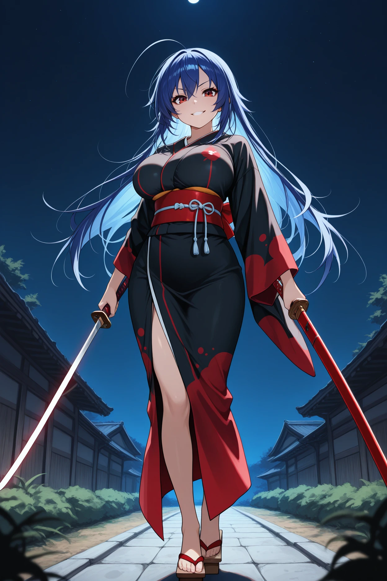 masterpiece, best quality, 1girl, solo, <lora:kurokamimedaka-illu-nvwls-v1-000006:1> kmimd, blue hair, ahoge, long hair, dark red eyes, big breasts, black kimono, obi, holding katana, geta, outdoors, night sky, looking at viewer, drawing sword, grin
