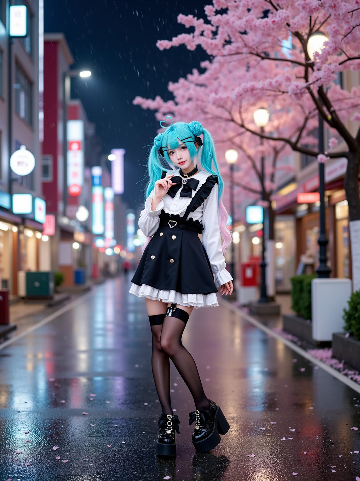A realistic photo of a slender and beautiful young woman in cyb-miku cosplay costume. She is also wearing choker and black thighhighs and thigh strap and black platform footwear. She has aqua hair with hairclip and twintails and hair ornament. The background is a japanese street with many shops and signs, cherry blossom trees beside the street, cherry blossom petals falling from the trees, at rainy night. The photo is a full body shot with her entire body visible and with detailed background.