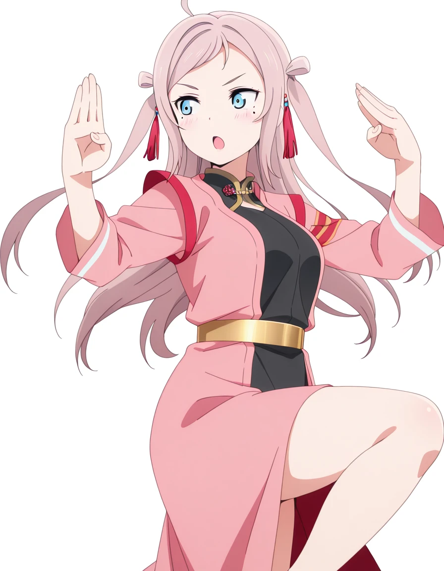 masterpiece, best quality, amazing quality,, <lora:lanzhu-zhong-s2-illustriousxl-lora-nochekaiser:1>, lanzhu zhong, long hair, bangs, blue eyes, pink hair, ahoge, sidelocks, mole, two side up, mole under eye, mature female, breasts, anime screencap, <lora:crane-stance-illustriousxl-lora-nochekaiser:1>, crane stance, fighting stance, closed mouth, leg up, standing, standing on one leg, looking to the side, hands up, open mouth, blush, solo, , <lora:transparent-background-illustriousxl-lora-nochekaiser:1>, transparent background, simple background, white background