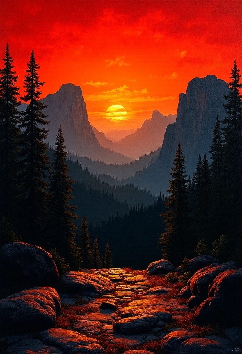 seen from national park watchtower, capturing wide-angle view over (vast forest), (granite rock mountains), (sunset:1.13), red sky, warm orange hues, falling leaves, picturesque scenery, (non-symmetric:1.12) expressive chalk drawing on slate rock, bold, textured strokes convey raw emotion, abstract yet evocative shapes and lines, faint, lack of bold strokes, generic shapes, masterpiece, 3D street art high quality textures, sharp focus ,