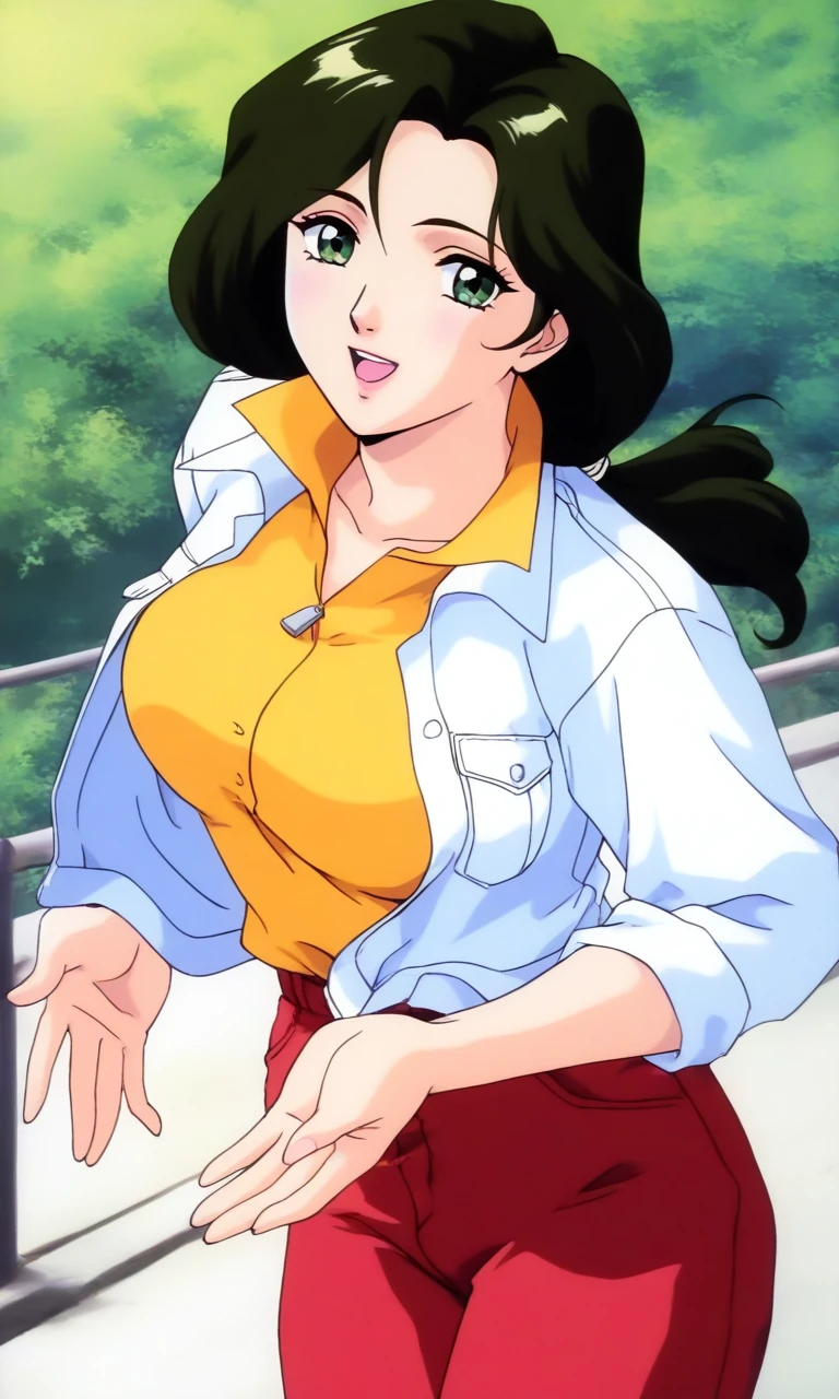 general,highres, ultra-detailed,very aesthetic,best quality ,best hands, BREAK <lora:Sakurai_Sensei_Injuu_Seisen_Ver2.0_IS:1>
Sakurai_Sensei, 1girl, solo, dark green hair, long hair, green eyes, large breasts, low ponytail, lips,
smile,looking at viewer, cowboy_Shot, open mouth, closed jacket, button,
down arms,
Yellow shirt, white jacket, red pants, long pants,
outdoor, day,, general,highres, ultra-detailed,very aesthetic,best quality ,best hands,