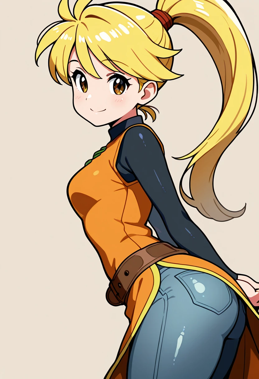 masterpiece, best quality, solo, curvy, beautiful eyes, narrow waist, wide hips, 1girl, solo, smile, looking at viewer, dynamic angle, foreshortening, close up, zzYellow, brown eyes, blonde hair, long hair, ponytail, bangs, orange tunic, brown belt, pants, , <lora:YellowPokemon_NAI:1.0>, side view, ass, leaning forward, cowboy shot, smile, looking at viewer, shiny skin,