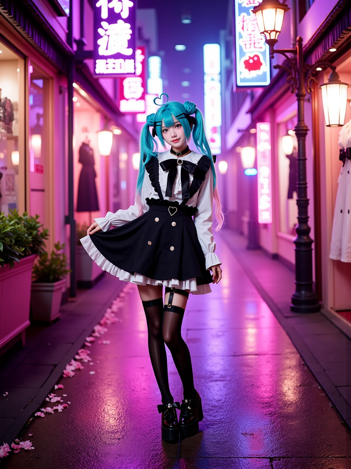 A realistic photo of a slender and beautiful young woman in cyb-miku cosplay costume. She is also wearing choker and black thighhighs and thigh strap and black shoes. She has aqua hair with hairclip and twintails and hair ornament. She is in dynamic pose and smile. The backgorund is a stylish urban alleyway illuminated by neon signs in pink and purple hues, with faint mist in the air. The ground is wet, reflecting the vibrant lights. Boutique store windows display extravagant clothing and accessories. A vintage streetlamp flickers softly, and cherry blossoms are scattered across the ground, despite being out of season. The air feels both alluring and mysterious, setting the perfect mood for a dramatic aesthetic. The photo is a full body shot with her entire body visible and with detail background.