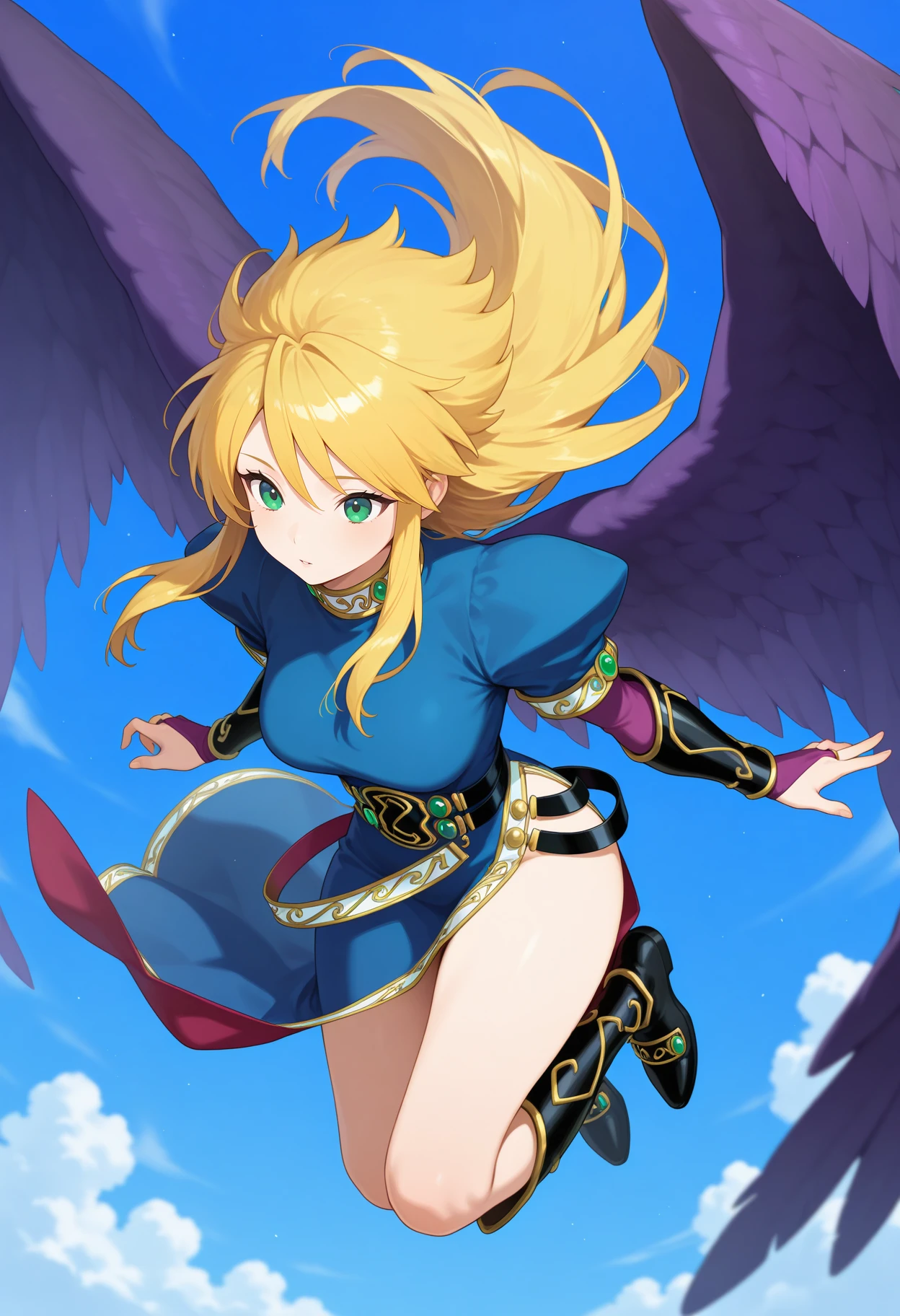 best quality, masterpiece, 1girl, aanina, long hair, blonde hair, green eyes, feathered wings, blue dress, puffy sleeves, arm guards, bridal gauntlets, black belt, side slit, <lora:nina_(bof2)_ilxl_v1:0.9>, blue sky, (flying:1.2), floating hair, full body, black footwear, knee boots, solo,