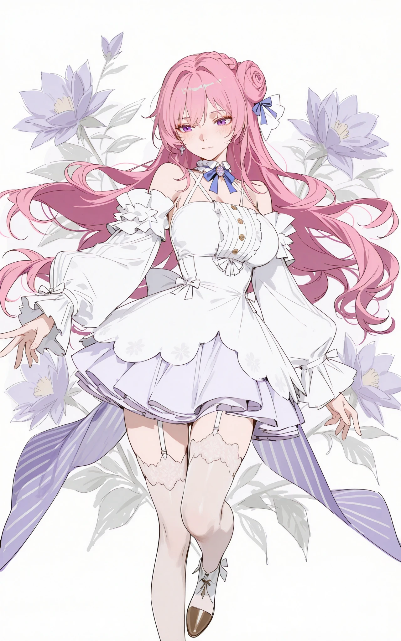 <lora:xl-ill-Dorothy (NIKKE The Goddess of Victory)-v1-000010:0.8>,<lora:illustrious_Simple Flat Coloring_v2-000028:0.85>,Simple Flat Coloring,sketch,line,
(wang xi:1.5),reeh \(yukuri130\),( kinta \(distortion\):1.3),(rei \(sanbonzakura\):1.3),dorothy \(nikke: the goddess of victory\),1girl,solo,bright pink long hair,braided hair bun on the top of the head,blue and white bow hair accessory,hair has luster,purple eyes,blue_bowtie,
breasts,white off shoulder ruffled skirt,5 golden buttons,skirt with purple edge and glitter,ribbon,white lace stockings,white shoes with brown toe caps,
flower,bare shoulders,blush,closed mouth,