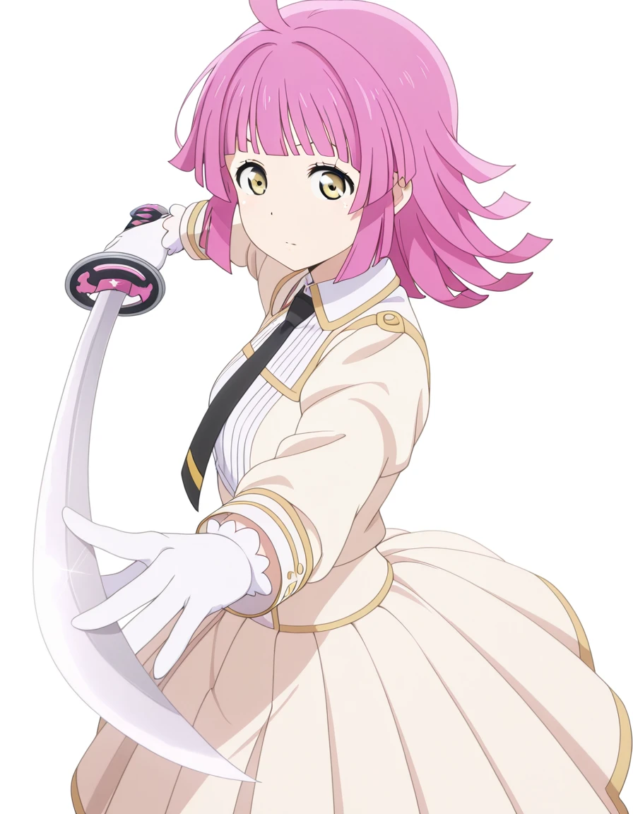 masterpiece, best quality, amazing quality,, <lora:rina-tennouji-s2-illustriousxl-lora-nochekaiser:1>, rina tennouji, tennouji rina, bangs, yellow eyes, pink hair, ahoge, blunt bangs, medium hair, blunt ends, mature female, small breasts, anime screencap, <lora:victorian-illustriousxl-lora-nochekaiser:1>, victorian, collared dress, necktie, pleated skirt, gloves, <lora:gatotsu-stance-illustriousxl-lora-nochekaiser:1>, gatotsu stance, weapon, sword, katana, holding weapon, holding, holding sword, foreshortening,, ,