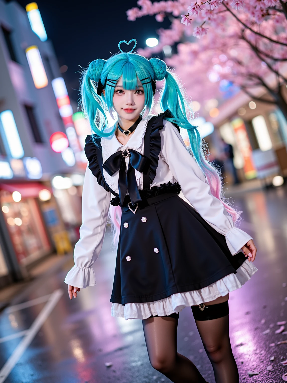 A realistic photo of a slender and beautiful young woman in cyb-miku cosplay costume. She is also wearing choker and black thighhighs and thigh strap and black platform footwear. She has aqua hair with hairclip and twintails and hair ornament. The background is a japanese street with many shops and signs, cherry blossom trees beside the street, cherry blossom petals falling from the trees, at rainy night. The photo is a full body shot with her entire body visible and with detailed background.