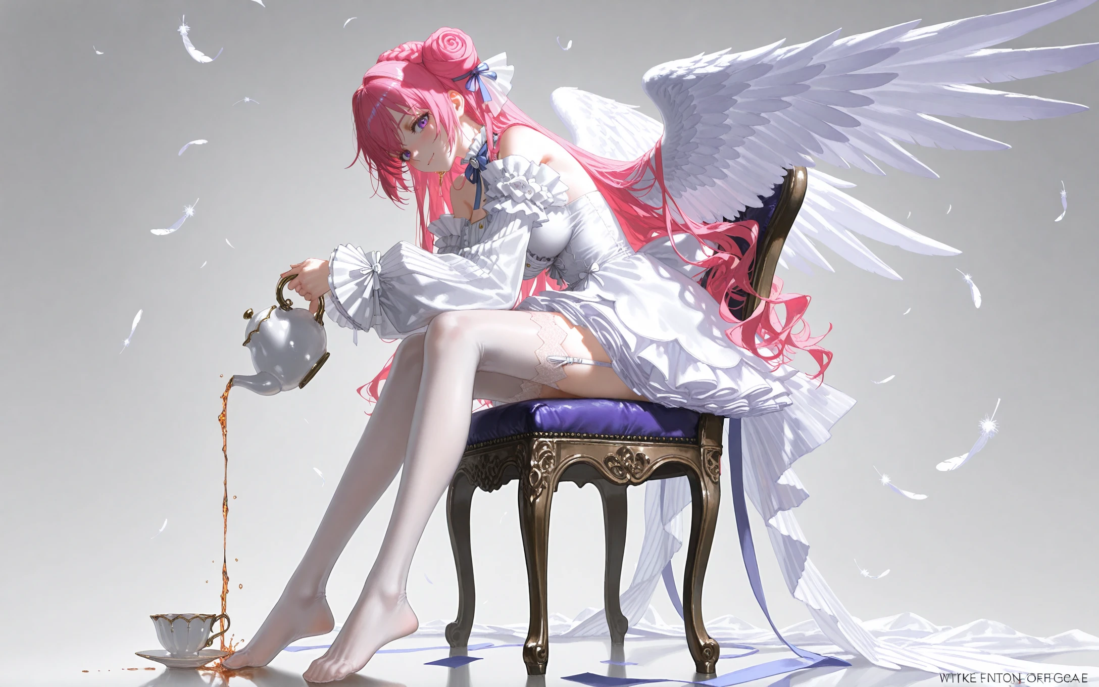 (artist:quasarcake:0.8),extreme aesthetic,(wlop:0.6),(honjou raita,lack,rella,wanke:0.5),masterpiece,best quality,good quality,newest,year 2024,year 2023,very aesthetic,absurdres,Visual impact,A shot with tension,ultra-high resolution,32K UHD,sharp focus,best-quality,masterpiece,Emotionalization,unconventional supreme masterpiece,masterful details,temperate atmosphere,with a high-end texture,in the style of fashion photography,(Visual impact:1.2),Dynamic and visual impact,offcial art,colorful,splash of color,movie perspective,masterpiece,best quality,amazing quality,very aesthetic,absurdres,best quality,newest,
<lora:xl-ill-Dorothy (NIKKE The Goddess of Victory)-v1-000010:0.8>,dorothy \(nikke: the goddess of victory\),1girl,solo,bright pink long hair,braided hair bun on the top of the head,blue and white bow hair accessory,hair has luster,purple eyes,blue_bowtie,
breasts,white off shoulder ruffled skirt,lantern sleeve,5 golden buttons,skirt with purple edge and glitter,ribbon,white lace stockings,white shoes with brown toe caps,
wings,cup,sitting,teacup,feathered wings,looking at viewer,teapot,chair,grey background,pouring,breasts,feathers,angel wings,smile,white wings,full body,flower,no shoes,holding,bare shoulders,garter straps,blush,closed mouth,single side bun,