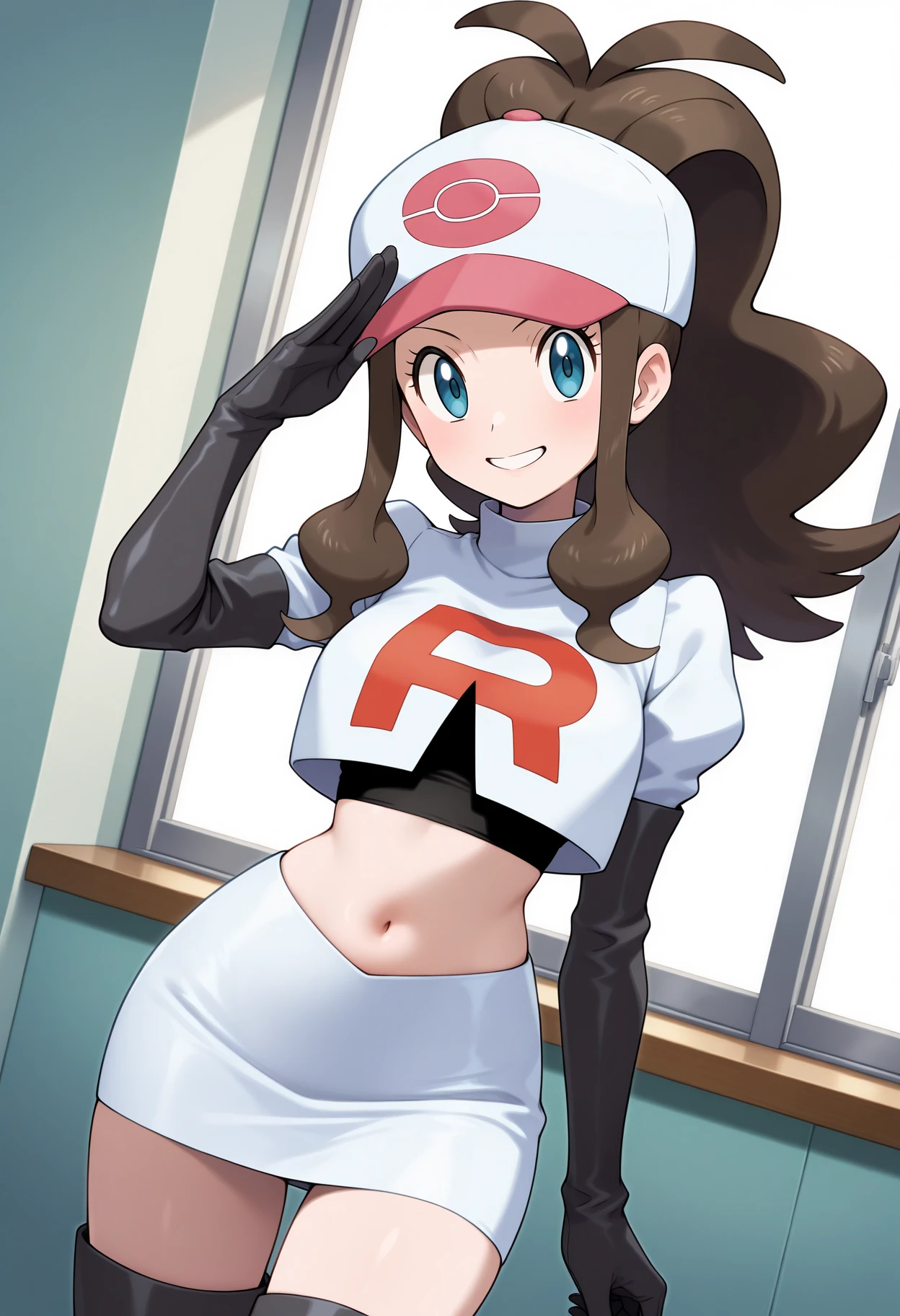 pokemon Jasmine ,pokemon Jasmine brown eyes, gray fur, with two buns, by the wide (small breasts:1.2),
Team Rocket,Team Rocket uniform, red letter R, White skirt,White crop top,black thigh high stockings,black elbow length gloves BREAK looking at viewer,
BREAK (masterpiece:1.2), Best Quality, High resolution, unity wallpaper 8k, (illustration:0.8), (beautiful detailed eyes:1.6), extremely detailed face, perfect lighting, Extremely detailed CG, (perfect hands, perfect anatomy),( with a Pokeball in hand)