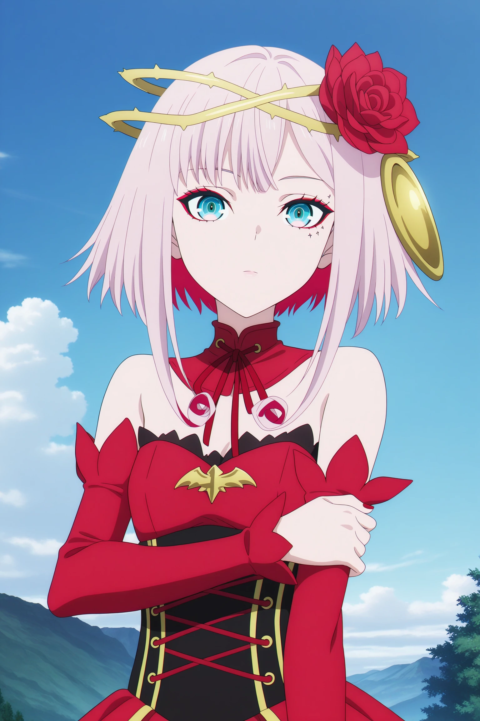 masterpiece, best quality, amazing quality, highres, absurdres, very aesthetic, high resolution, ultra detailed, perfect details, 1girl, solo, outdoors, day, blue sky, cloud, destiny, short hair, colored inner hair, pink hair, red hair, short hair with long locks, hair ornament, hair flower, crown of thorns, aqua eyes, makeup, red eyeshadow, mark under eye, red nails, detached collar, red dress, strapless dress, high-low skirt, corset, thorns, detached sleeves, black thighhighs, red footwear, platform heels, <lora:Destiny_Cosette_ILXL:0.8>, (upper body:1.4), looking at viewer, expressionless, (anime screencap:1.2), (pose:1.1)