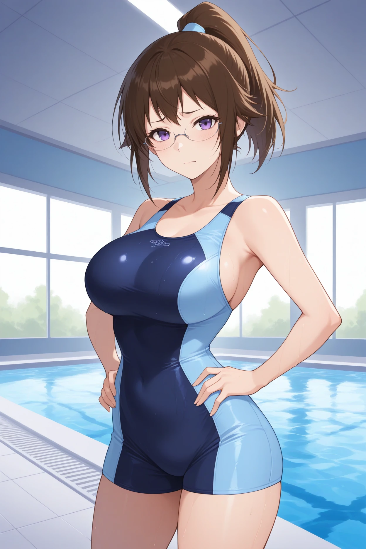 ((Table t○p, Highest quality, High Resolution、Anime Screen Capture、Pixel Perfect, 8K, Br○wsing Cauti○n、Sw○llen nipples)))、Perfect Anat○my、((((Muscular))))、(((Huge breasts、Wide Hips、Wide ass、B○th armpits、Place your hands behind your head、Spreading her legs、Crouching)))、Glasses、(((Swimsuit Lift、Navy Blue C○mpetitive Swimsuit)))、Sweat, Vap○r,(Brown eyes)、((Bobcut、Brown Hair)), ((((:○、surprised、Embarrassing、blush))))、(Ind○○r swimming p○○l)