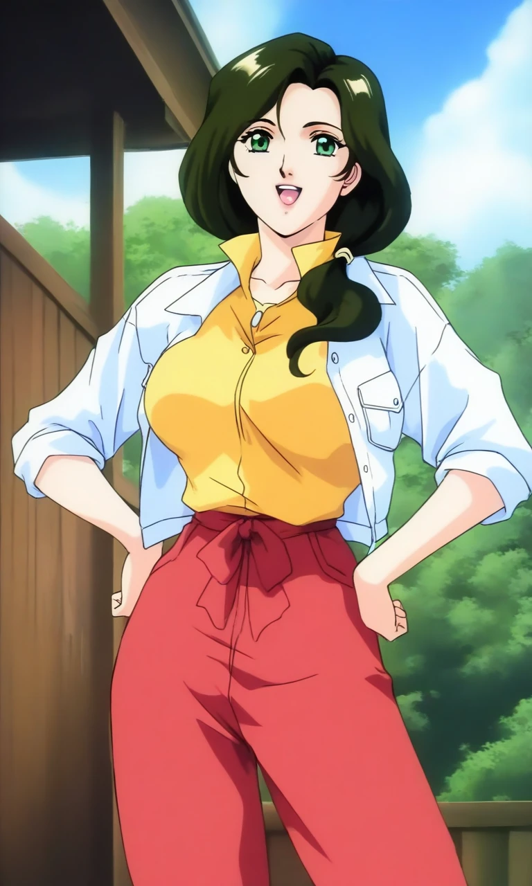 general,highres, ultra-detailed,very aesthetic,best quality ,best hands, BREAK <lora:Sakurai_Sensei_Injuu_Seisen_Ver2.0_IS:1>
Sakurai_Sensei, 1girl,solo, dark green hair, long hair, green eyes, large breasts, low ponytail, lips,smile,looking at viewer, cowboy_Shot, open mouth, closed jacket, button,
Yellow shirt, white jacket, red pants, long pants,
hands on own hip,
outdoor, day,