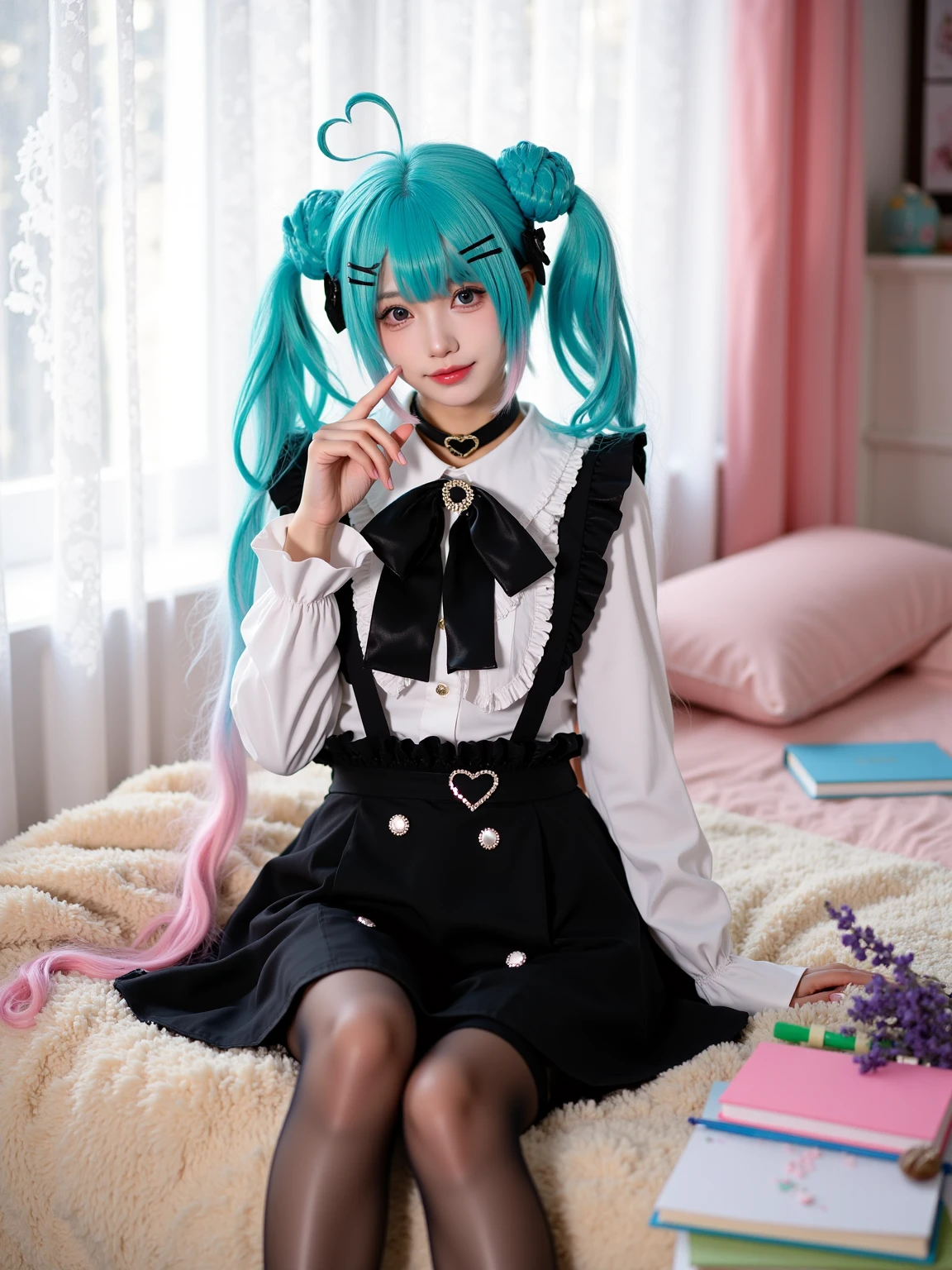 A realistic photo of a slender and beautiful young woman in cyb-miku cosplay costume. She is also wearing choker and black thighhighs and thigh strap and black shoes. She has aqua hair with hairclip and twintails and hair ornament. She is in dynamic pose and smile. The background is a vivid description of a warm, cozy afternoon in a girl's room. The sunlight streams through the lace curtains, casting soft, dappled patterns on the floor. The room is filled with the gentle scent of lavender from a small, flickering candle. A plush, cream-colored throw blanket is draped over the edge of the bed, inviting relaxation. The desk is cluttered with colorful stationery, a half-finished sketchbook, and a steaming cup of tea. Soft, melodic music plays in the background, adding to the serene atmosphere. She is sitting on the bed. The photo is a full body shot with her entire body visible and with detailed background.