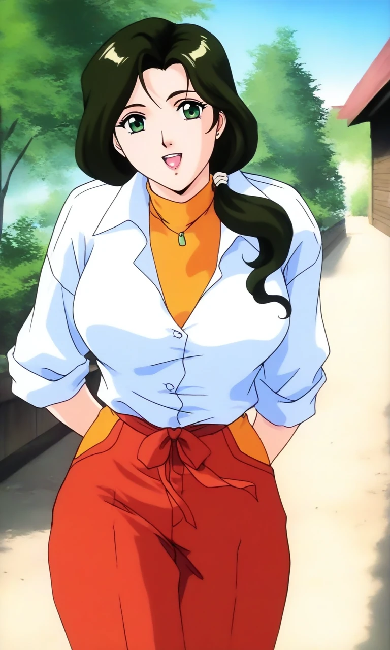 general,highres, ultra-detailed,very aesthetic,best quality ,best hands, BREAK <lora:Sakurai_Sensei_Injuu_Seisen_Ver2.0_IS:1>
Sakurai_Sensei, 1girl,solo, dark green hair, long hair, green eyes, large breasts, low ponytail, lips,
smile,looking at viewer, cowboy_Shot, open mouth, down arms, white sleeve, red pants, long pants, closed jacket, button, outdoor, day,