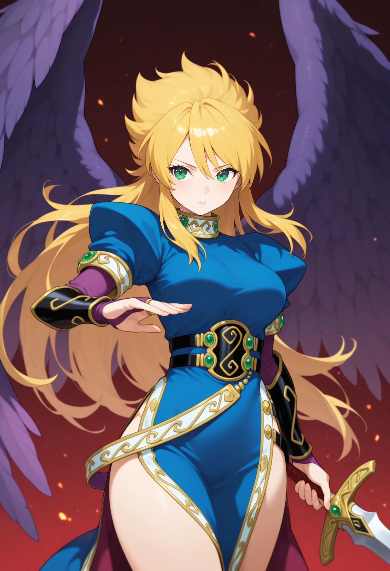 best quality, masterpiece, 1girl, aanina, long hair, blonde hair, green eyes, feathered wings, blue dress, puffy sleeves, arm guards, bridal gauntlets, black belt, side slit, <lora:nina_(bof2)_ilxl_v1:0.9>, standing, cowboy shot, holding sword, fighting stance,