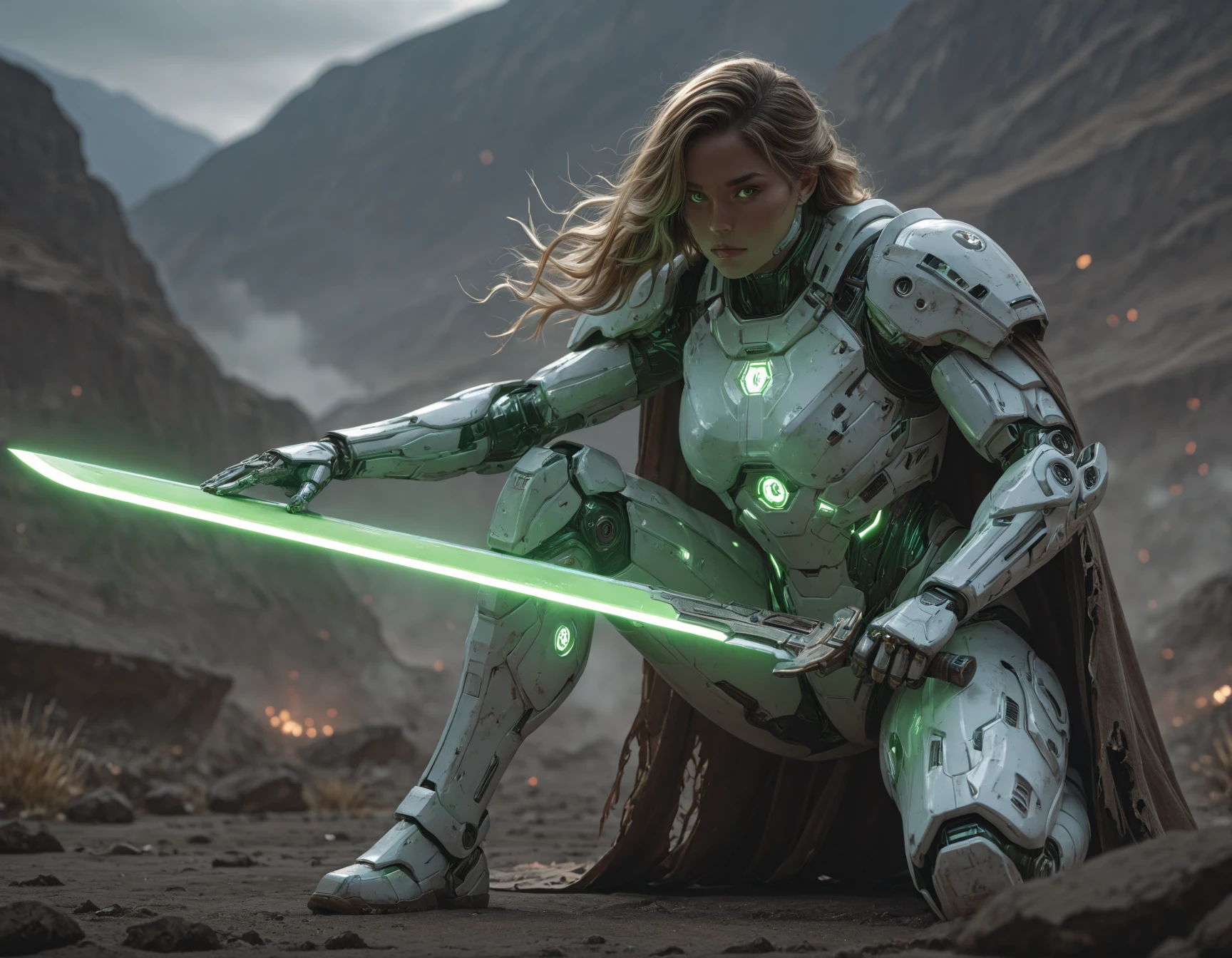 masterpiece, best quality, amazing quality, very aesthetic, high resolution, absurdres, newest, photorealism, realistic,  dynamic close up shot,Futuristic female scifi Stormtrooper in the style of cyberpunk with robot body parts and high tech mechanical armor, long beautiful hair flowing in wind, torn cape, wielding a giant green glowing sword, dynamic battle stance, one knee resting against the ground. Unreal Engine 5, no helmet. hkmecha, battleground in background  <lora:hkmechaILv2:0.85>