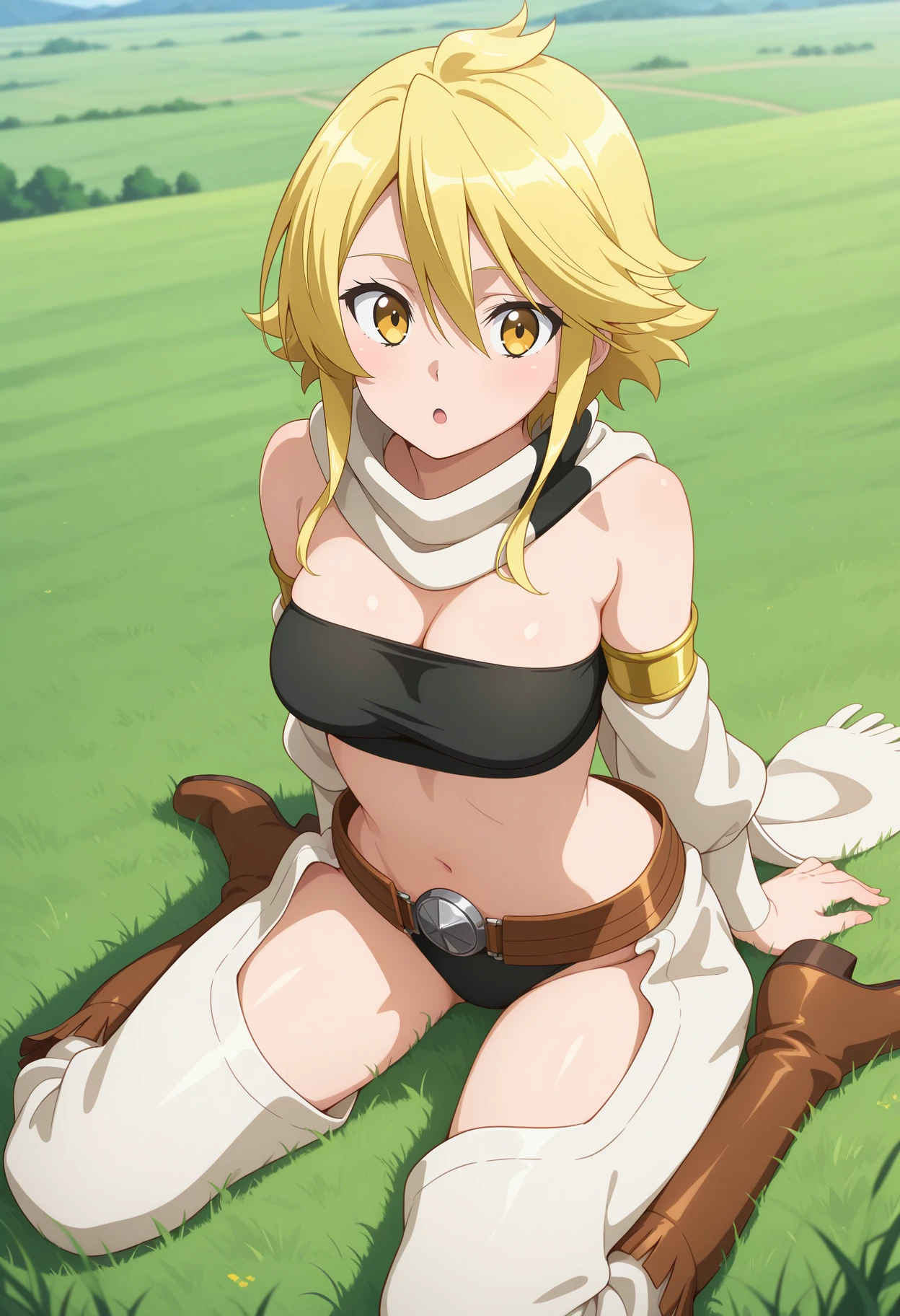 best quality, masterpiece, 1girl, aaleone, short hair, blonde hair, yellow eyes, white scarf, strapless, black tube top, detached sleeves, midriff, belt, black panties, chaps, white pants, <lora:leone_(akame_ga_kill!)_ilxl_v1:0.9>, grass, field, wariza, :o, knee boots, brown footwear,