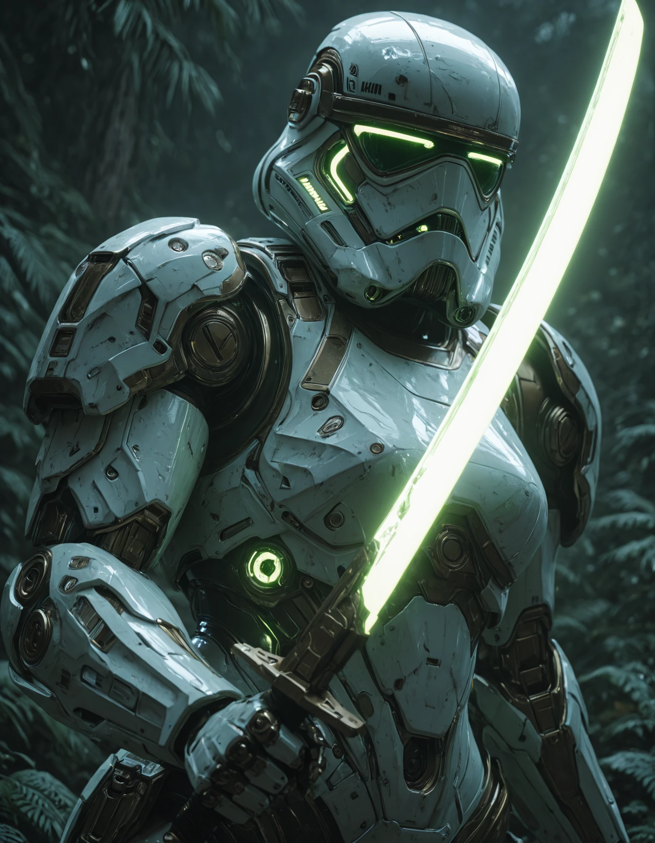masterpiece, best quality, amazing quality, very aesthetic, high resolution, absurdres, newest, photorealism, realistic, Futuristic close up, female scifi Stormtrooper in the style of cyberpunk with robot body parts and high tech mechanical armor, long beautiful hair, wielding a giant green glowing sword, dynamic battle stance, hkmecha <lora:hkmechaILv2:1>
