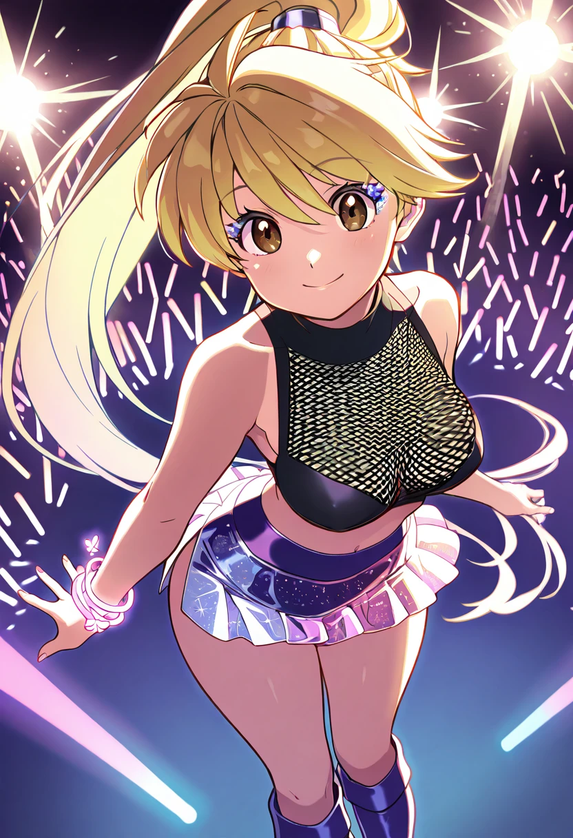 masterpiece, best quality, solo, curvy, beautiful eyes, narrow waist, wide hips, 1girl, solo, smile, looking at viewer, dynamic angle, foreshortening, close up,    zzYellow, brown eyes, blonde hair, long hair, ponytail, bangs,  , <lora:YellowPokemon_NAI:1.0>, [Y2K Rave Queen], holographic mini skirt, mesh crop top with fuzzy trims, chunky platform boots, butterfly clips, glowstick bracelets, glitter makeup and rhinestone eyeliner; set in a neon-lit warehouse rave with strobe lights, bass-pounding energy, and colorful laser beams cutting through smoke,