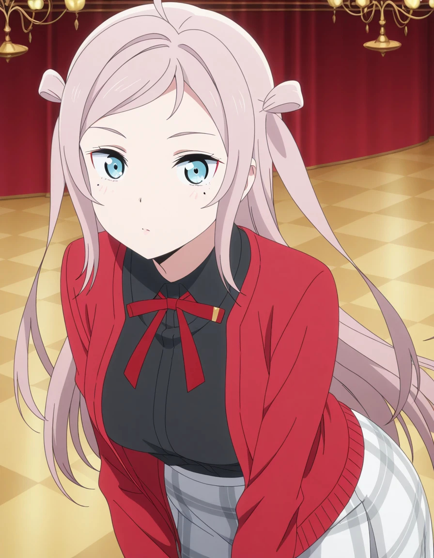 masterpiece, best quality, amazing quality,, <lora:lanzhu-zhong-s2-illustriousxl-lora-nochekaiser:1>, lanzhu zhong, long hair, bangs, blue eyes, pink hair, ahoge, sidelocks, mole, two side up, mole under eye, mature female, breasts, anime screencap, skirt, shirt, ribbon, collared shirt, plaid, black shirt, neck ribbon, plaid skirt, white skirt, cardigan, red jacket, checkered skirt,, leaning forward,, ballroom, dance_floor, chandeliers, formal_wear, cowboy shot, solo, looking at viewer,