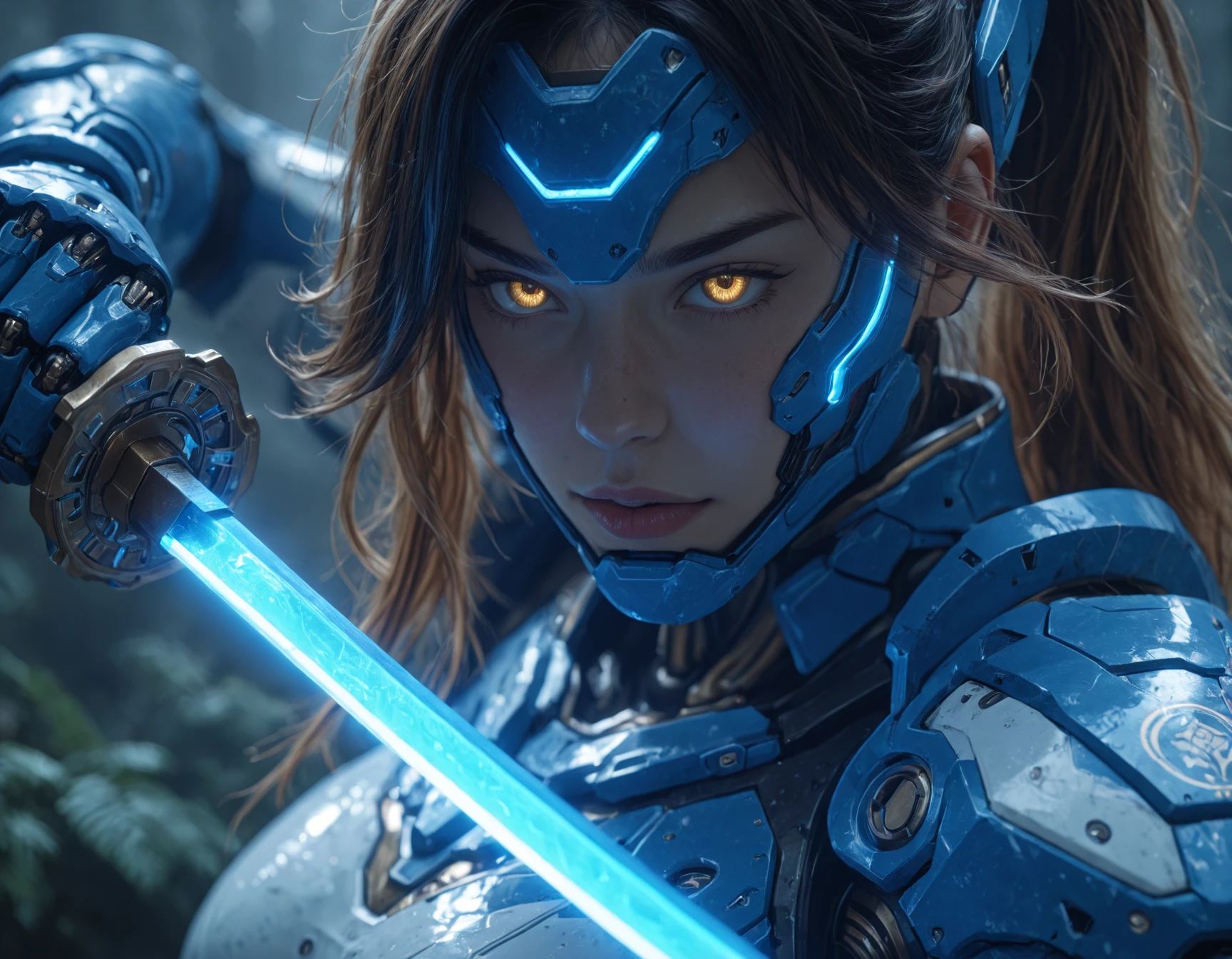 masterpiece, best quality, amazing quality, very aesthetic, high resolution, absurdres, newest, photorealism, realistic, Futuristic close up, Female character from Genshin Impact, long beautiful hair, yellow eyes, wearing blue and white with an Asian style, in the style of cyberpunk with robot body parts and high tech mechanical armor. Wielding a glowing katana as weapon, dynamic battle stance. Spacestation in background, Unreal Engine 5, hkmecha <lora:hkmechaILv2:0.85>