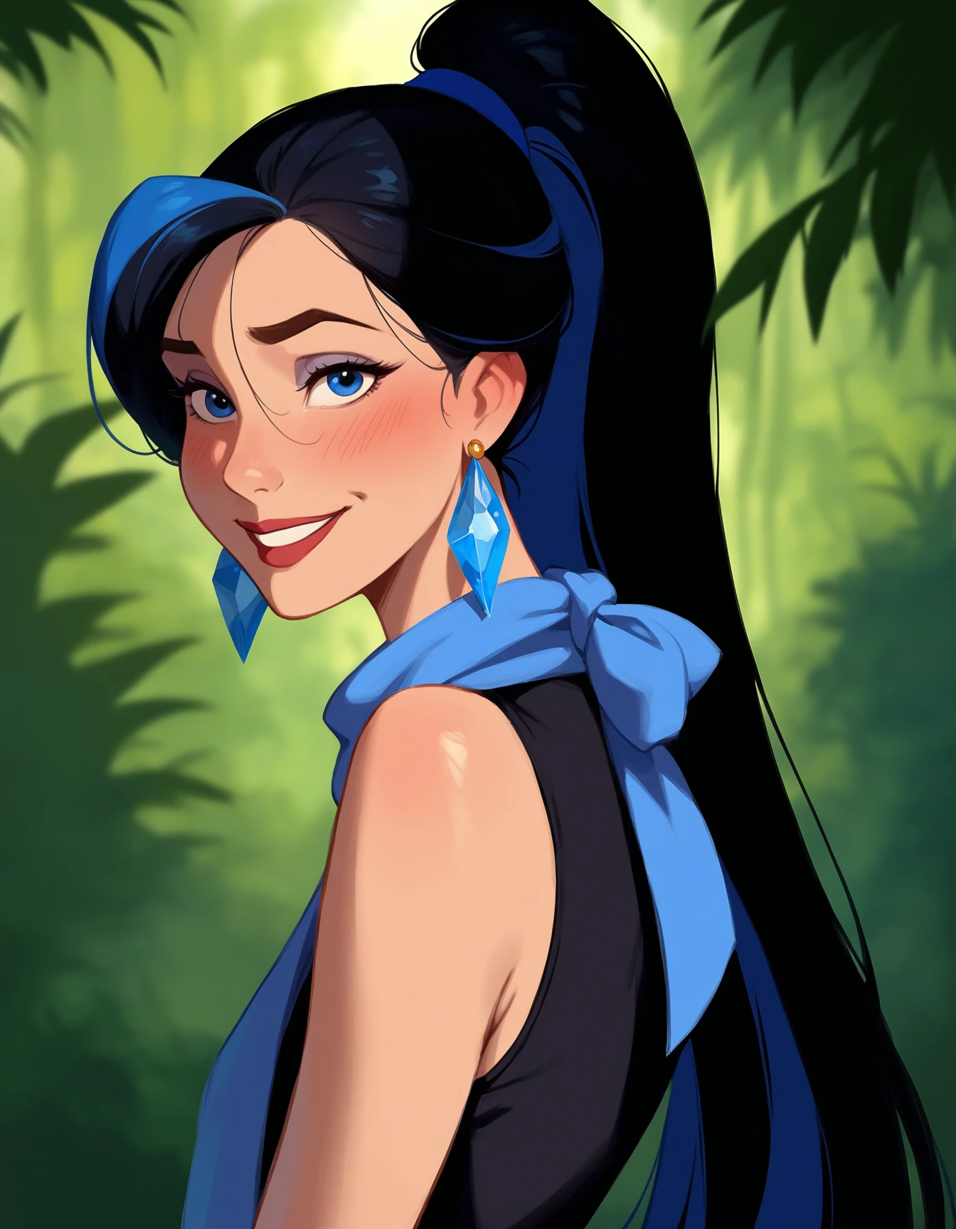 score_9, score_8_up, score_7_up,
Disney Animation,
1girl, 25 years old, perfect face, (adult), sexy, looking at viewer,
blue eyes,
very long hair, black hair, colored inner hair, blue hair, high ponytail,
small blue earings, crystal earrings,
black sleeveless shirt, blue scarf,
blurry background, depth of field, jungle, forest, green background,
blush, shy smile,
portrait, face focus, detailed face,
<lora:Disney_Animation_Pony_v1:1> ,