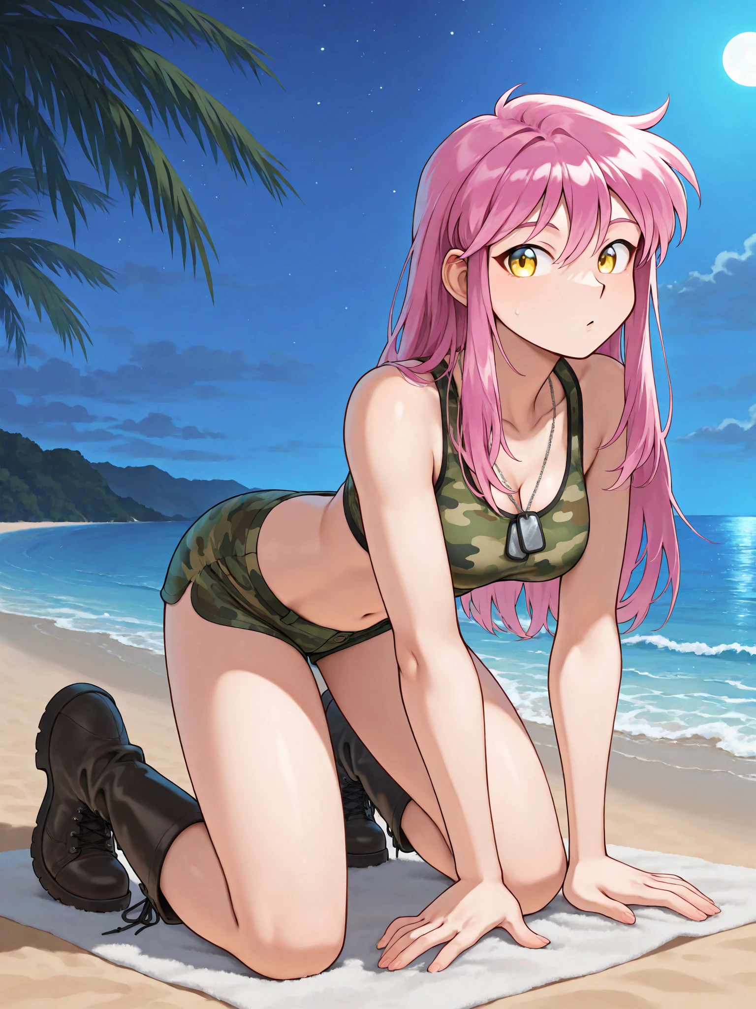 (masterpiece, best quality:1.2), cowboy shot, (solo), (1girl):1.5, glasses, long fluffy pink hair, hair blowing, gorgeous body, wide hips, slight smile, ((very sexy and transparent (blue leotard)) with exposed navel), musculous belly, gorgeous huge breasts, ((pink breasts niples) under very transparent blue leotard), (cameltoe), in front a waterfall in a windy beach, view form sea to beach.
