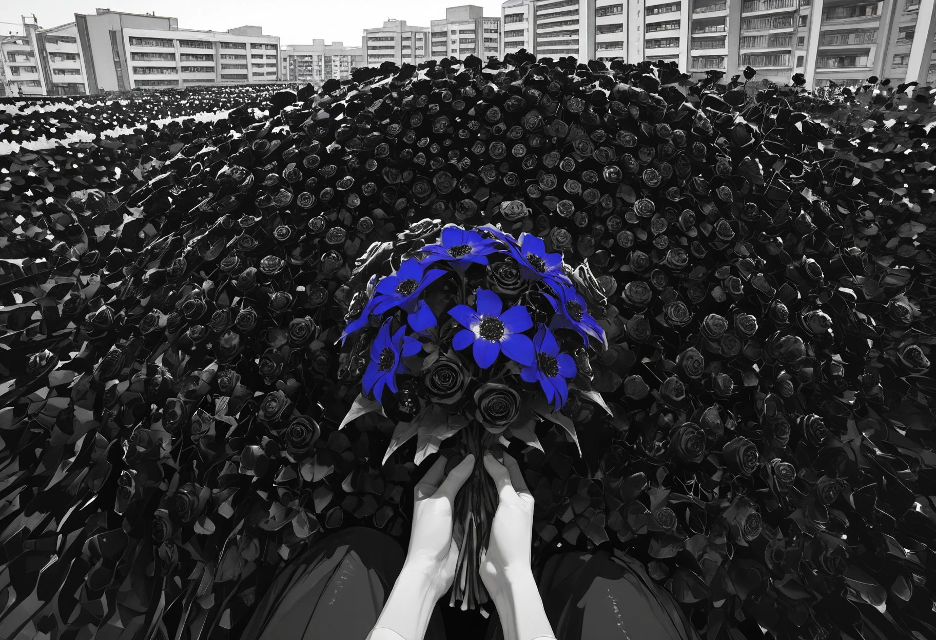 masterpiece, best quality, amazing quality, very aesthetic, absurdres, newest,
<lora:taiki99_style_illustr:1> ta1k199, abstract background, surreal background, detailed background, colorful,
volumetric lighting, detailed shadows,
outdoors, apartment building, apartment, no humans, greyscale, monochrome, high contrast, black rose field, multiple black roses, too many black roses, condenser unit, windows, window, building, (purple accents, blue accents,
pov hands, holding bouquet, holding many flowers, holding purple flowers, holding blue flowers, holding bouquet of purple and blue flowers, bouquet lying sideways, sideways bouquet, bouquet lying on side in hands:1.4)