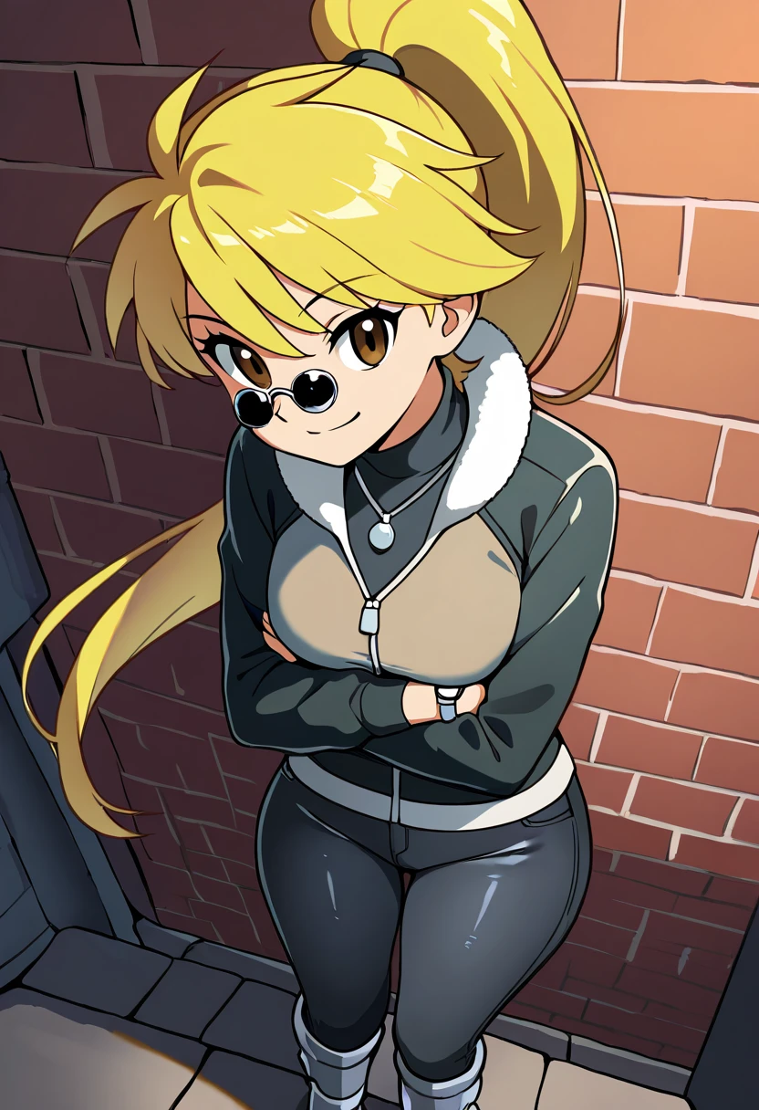 masterpiece, best quality, solo, curvy, beautiful eyes, narrow waist, wide hips, 1girl, solo, smile, looking at viewer, dynamic angle, foreshortening, close up,    zzYellow, brown eyes, blonde hair, long hair, ponytail, bangs,  , <lora:YellowPokemon_NAI:1.0>, [Street Boss], dark bomber jacket with fur lining, fitted black jeans, distressed boots, silver chains and a simple gold watch, sunglasses perched on the nose, clean-shaven with a confident smirk, leaning against a brick wall in an alley, arms crossed as a symbol of control over the street-level operations,