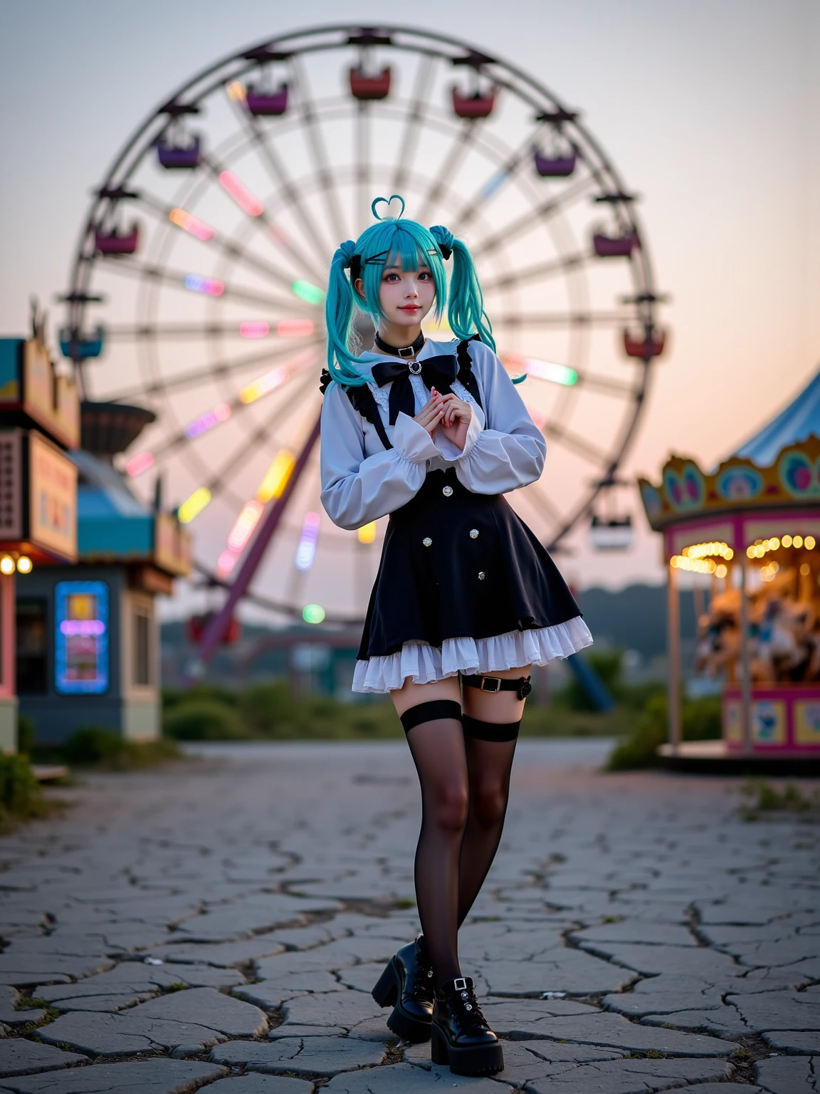 A realistic photo of a slender and beautiful young woman in cyb-miku cosplay costume. She is also wearing choker and black thighhighs and thigh strap and black shoes. She has aqua hair with hairclip and twintails and hair ornament. She is in dynamic pose and smile. The backgorund is a deserted amusement park at twilight, with a giant ferris wheel looming in the background, its colorful lights flickering faintly. The ground is cracked, with weeds growing through the gaps, and abandoned food stalls still display faded pastel colors. In the distance, a carousel slowly turns, its haunting melody echoing in the otherwise silent park. The sky is painted with hues of orange and pink, adding a surreal beauty to the eerie atmosphere. The photo is a full body shot with her entire body visible and with detailed background.