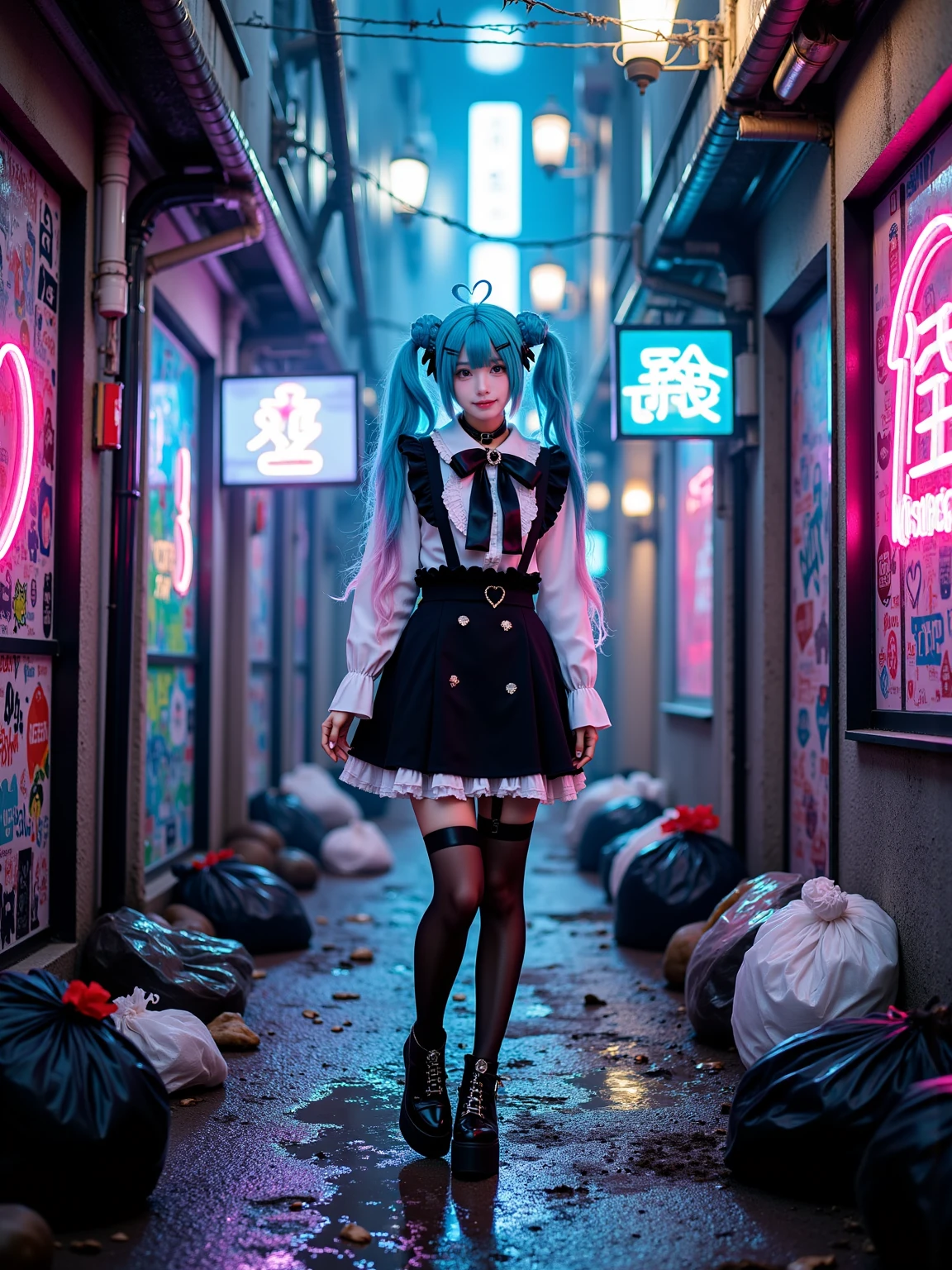 A realistic photo of a slender and beautiful young woman in cyb-miku cosplay costume. She is also wearing choker and black thighhighs and thigh strap and black shoes. She has aqua hair with hairclip and twintails and hair ornament.The backgorund is cyberpunk back alley with dripping pipes and holographic billboards advertising virtual idols. Glitching neon kanji reflects in oil puddles between overflowing trash bags, surrounded by barbed wire fences covered in sticker bombs and occult symbols.. The photo is a full body shot with her entire body visible and with detailed background.