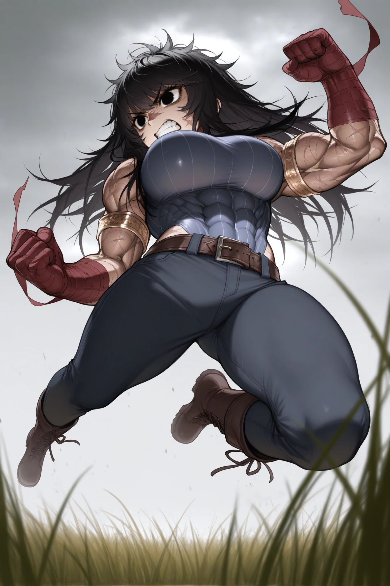 ((((((muscular 1 girl)))))), large breasts, toned body, black hair, pale skin, yellow eyes, very long hair steamy foggy sweaty angry shiny skin from below