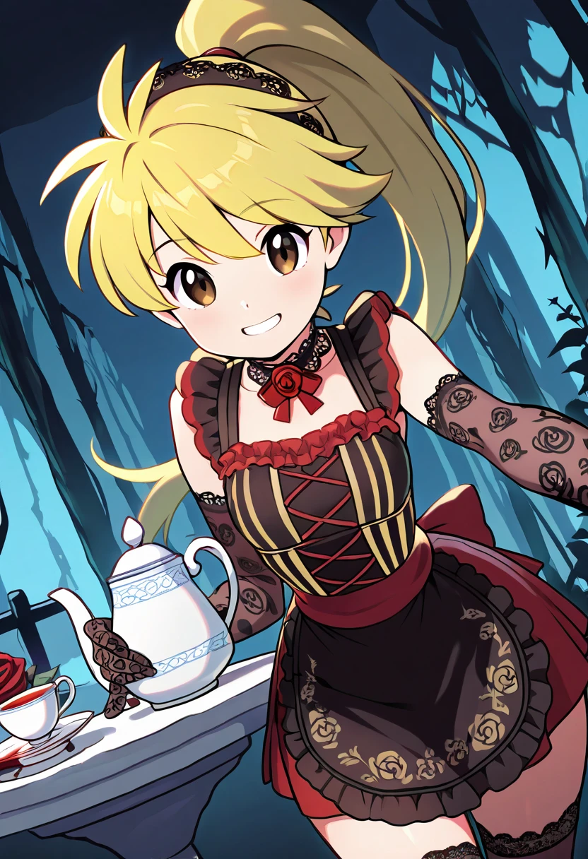 masterpiece, best quality, solo, curvy, beautiful eyes, narrow waist, wide hips, 1girl, solo, smile, looking at viewer, dynamic angle, foreshortening, close up,    zzYellow, brown eyes, blonde hair, long hair, ponytail, bangs,  , <lora:YellowPokemon_NAI:1.0>, [Tea Party of Thorns], striped corset top, flared skirt with floral embroidery, ruffled neckline, lace-trimmed cuffs, crimson bow choker, black lace apron, thigh-high stockings, bat motif headband, rose-patterned gloves, dark teacup with blood stain, haunted garden table, eerie grin, porcelain tea set,