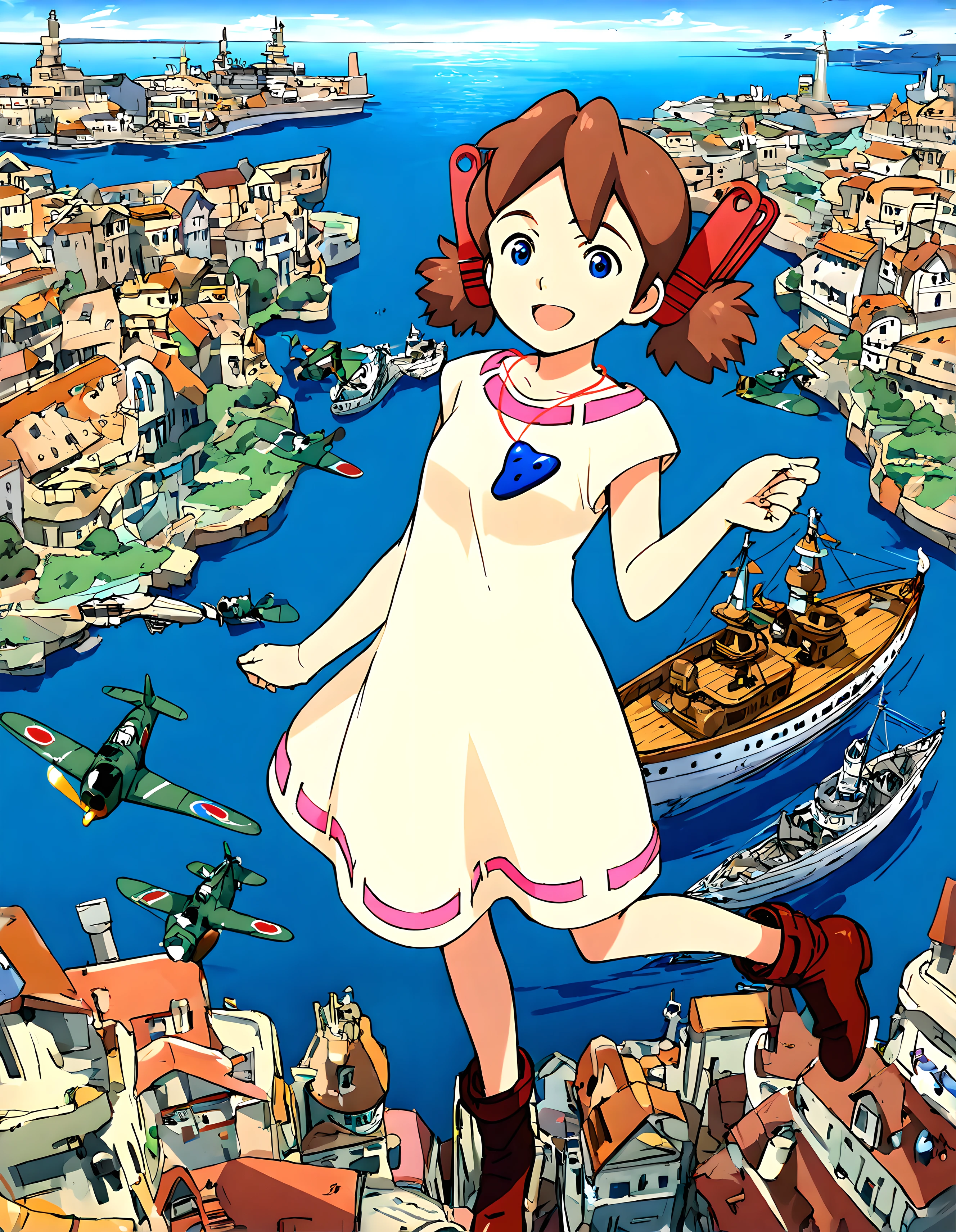 <lora:illustrious_XL_josette:0.9>,josette,masterpiece,best quality,good quality,1girl,solo,yellow dress,dress,necklace,boots,day,city,ocean,water,aircraft,watercraft,ship,:d,