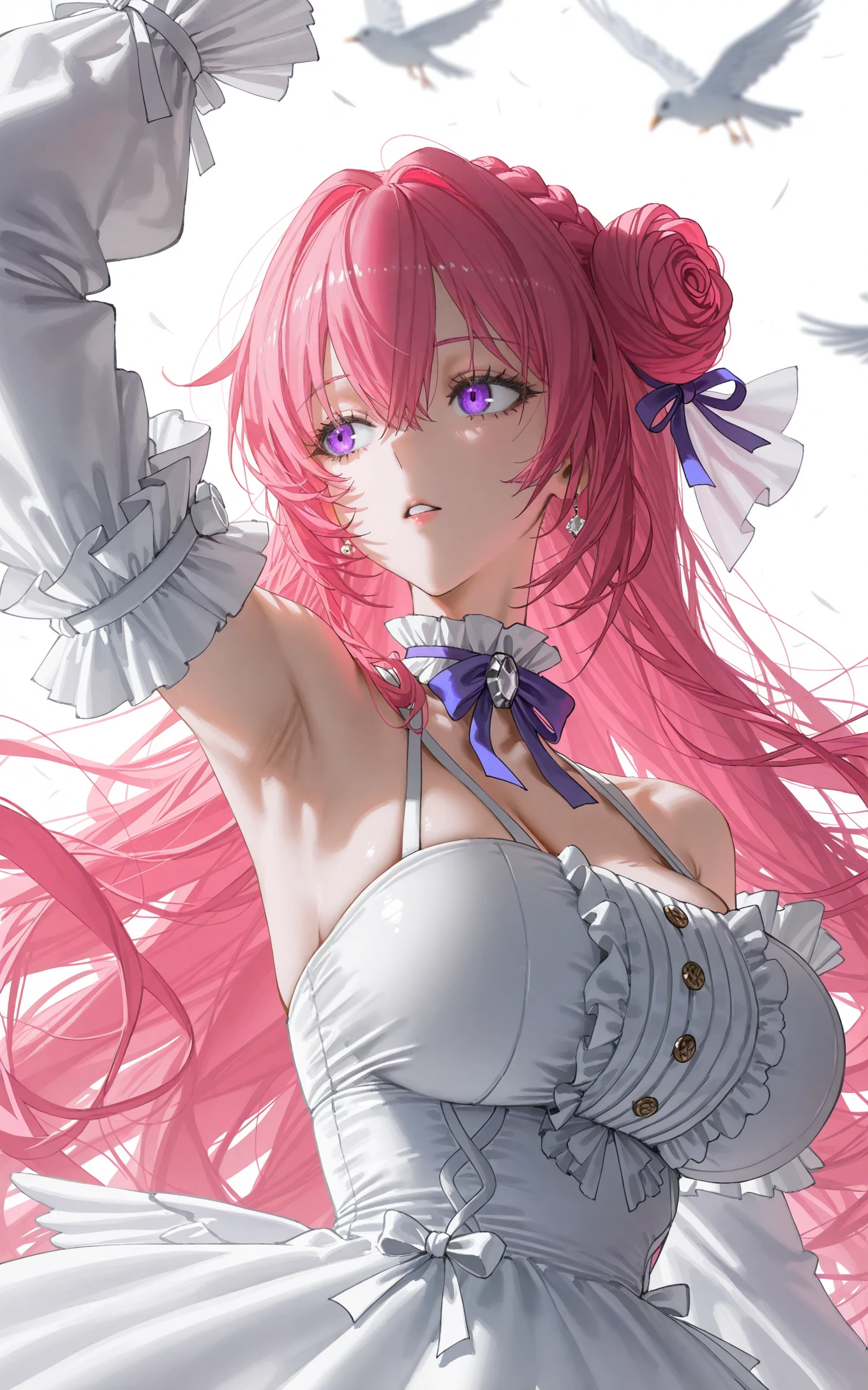 (artist:betabeet:1.2),artist:john_kafka,artist:nixeu,artist:quasarcake,
<lora:xl-ill-Dorothy (NIKKE The Goddess of Victory)-v1-000010:0.8>,Dorothy \(NIKKE: The Goddess of Victory\),1girl,breasts,pink hair,solo,long hair,hair bun,purple eyes,detached sleeves,bird,dress,armpits,parted lips,white dress,upper body,ribbon,looking to the side,large breasts,bare shoulders,white background,hair ribbon,frills,single side bun,braid,hair between eyes,hair ornament,