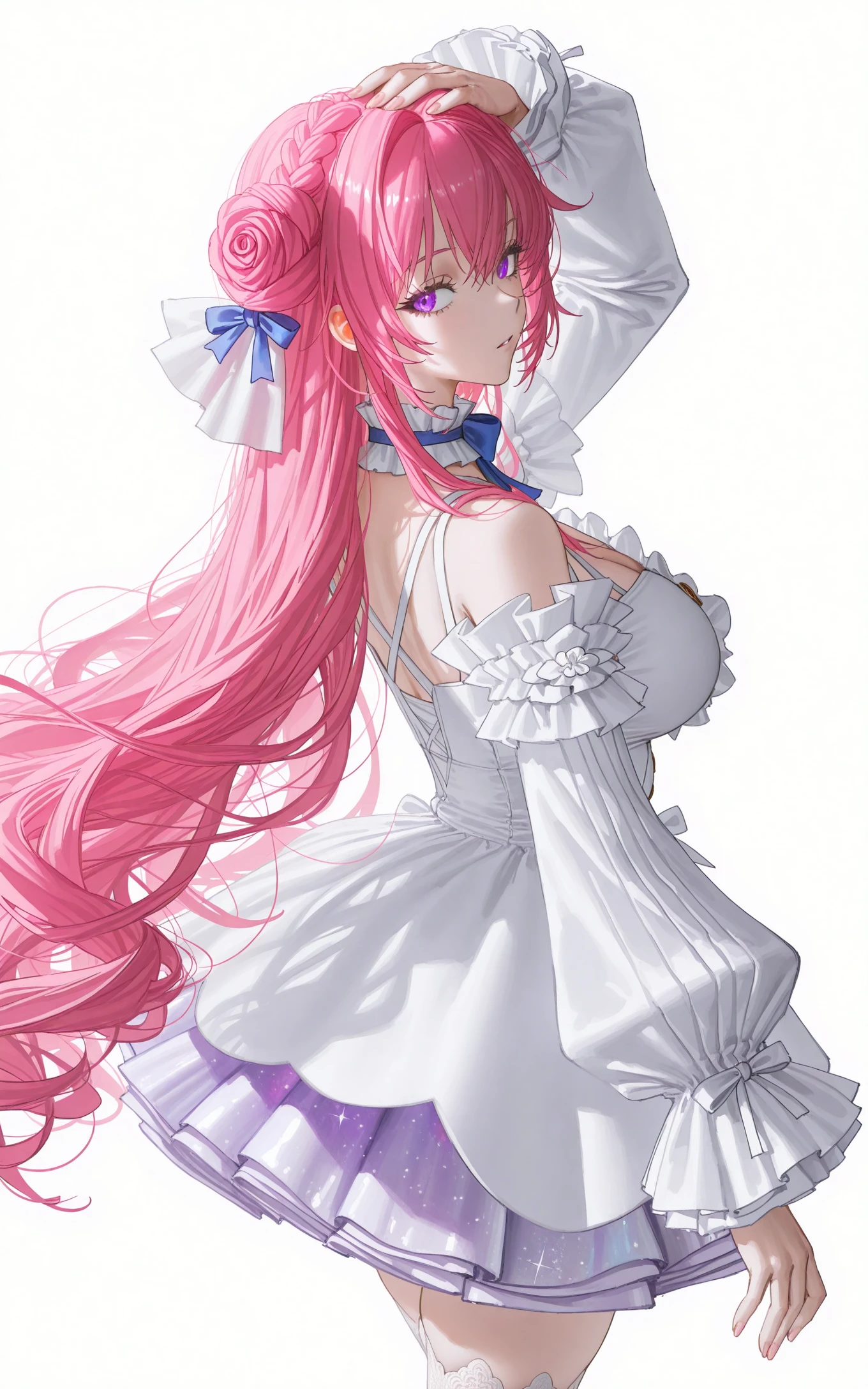 (artist:betabeet:1.2),artist:john_kafka,artist:nixeu,artist:quasarcake,
<lora:xl-ill-Dorothy (NIKKE The Goddess of Victory)-v1-000010:0.8>,dorothy \(nikke: the goddess of victory\),1girl,solo,bright pink long hair,braided hair bun on the top of the head,blue and white bow hair accessory,hair has luster,purple eyes,blue_bowtie,
breasts,white off shoulder ruffled skirt,lantern sleeve,5 golden buttons,skirt with purple edge and glitter,white lace stockings,
hand on head,looking back,gazing viewer,turning slightly,<lora:illustrious_Simple Flat Coloring_v2-000028:0.4>,Simple Flat Coloring,sketch,line,simple background,white background,