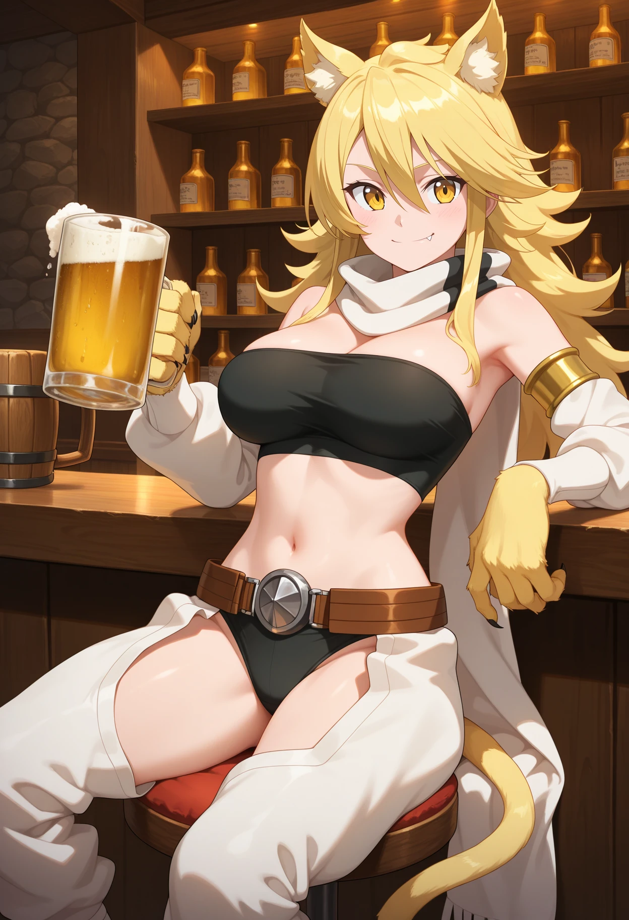 best quality, masterpiece, 1girl, aaleone, long hair, blonde hair, animal ears, yellow eyes, fang, tail, white scarf, strapless, black tube top, detached sleeves, animal hands, midriff, belt, black panties, chaps, white pants, <lora:leone_(akame_ga_kill!)_ilxl_v1:0.9>, bar, sitting, holding cup, beer mug, smile,