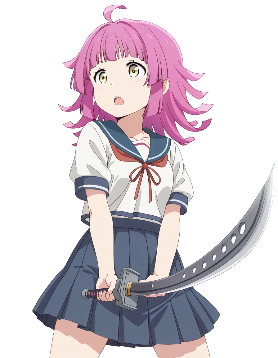 masterpiece, best quality, amazing quality,, <lora:rina-tennouji-s2-illustriousxl-lora-nochekaiser:1>, rina tennouji, tennouji rina, bangs, yellow eyes, pink hair, ahoge, blunt bangs, medium hair, blunt ends, mature female, small breasts, anime screencap, <lora:kancolle-fubuki-cosplay-illustriousxl-lora-nochekaiser:1>, kancolle fubuki cosplay, fubuki (kancolle) (cosplay), blue skirt, cosplay, pleated skirt, sailor collar, serafuku, neckerchief, ribbon,, <lora:sunrise-stance-illustriousxl-lora-nochekaiser:1>, sunrise stance, weapon, sword, solo, open mouth, holding weapon, holding, holding sword,, ,